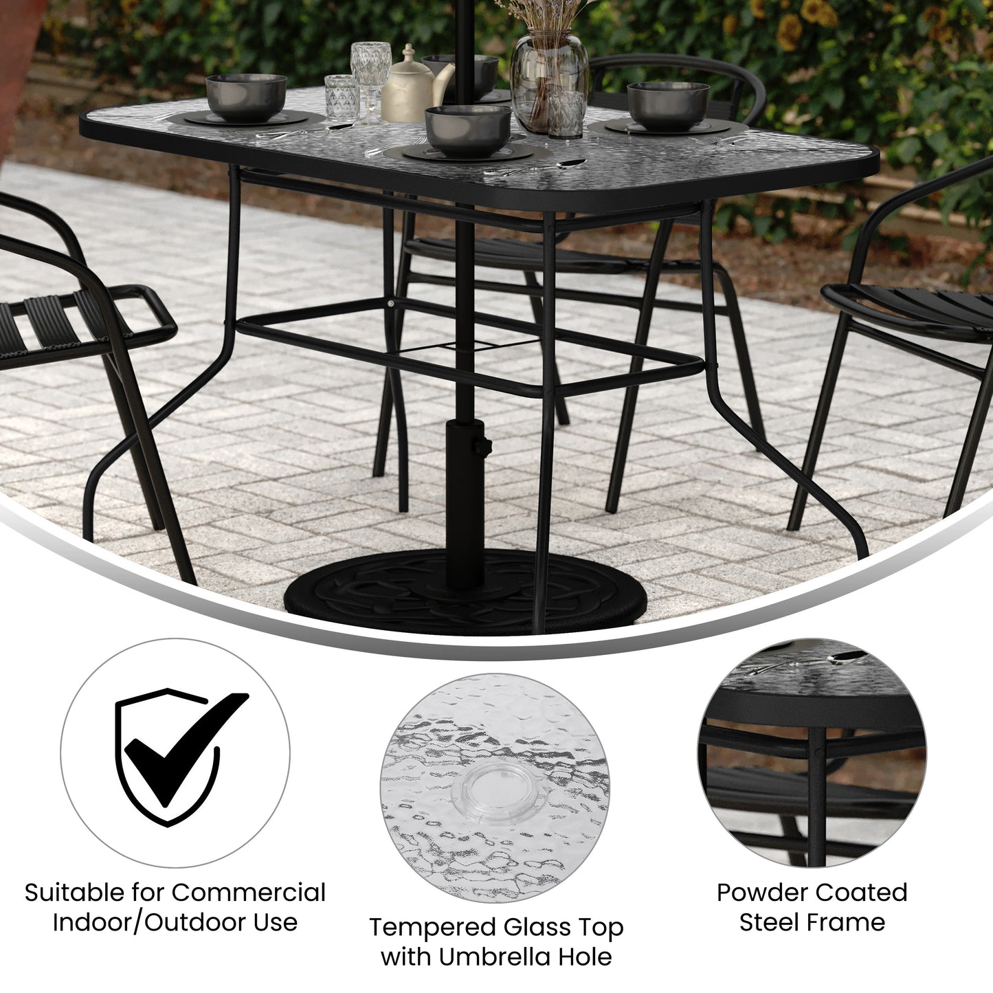 Tory Commercial Grade 27.5" x 47.25" Rectangular Patio Table with Tempered Glass Top with Umbrella Hole and Steel Tube Frame in Black Clear Top/Black Frame