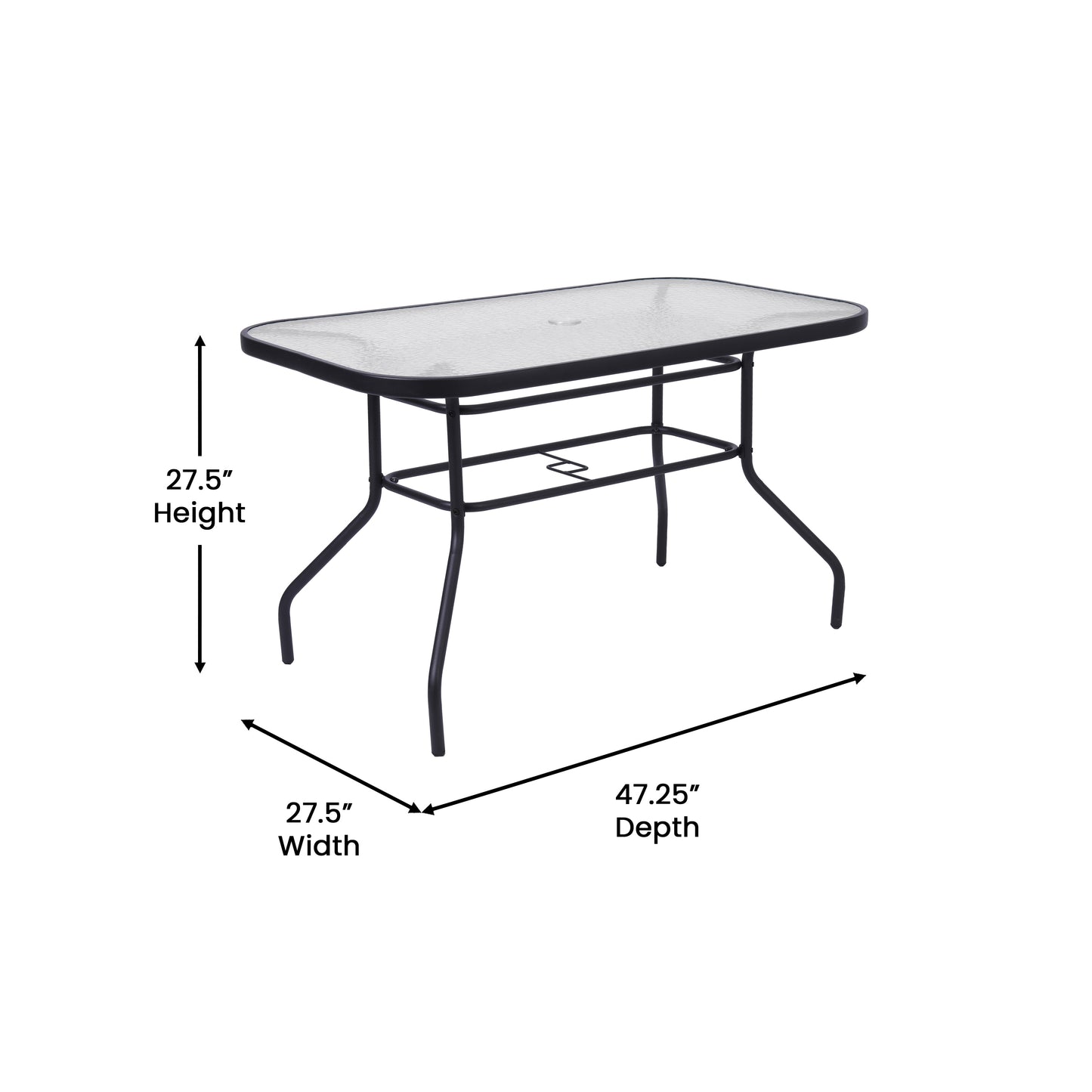 Tory Commercial Grade 27.5" x 47.25" Rectangular Patio Table with Tempered Glass Top with Umbrella Hole and Steel Tube Frame in Black Clear Top/Black Frame