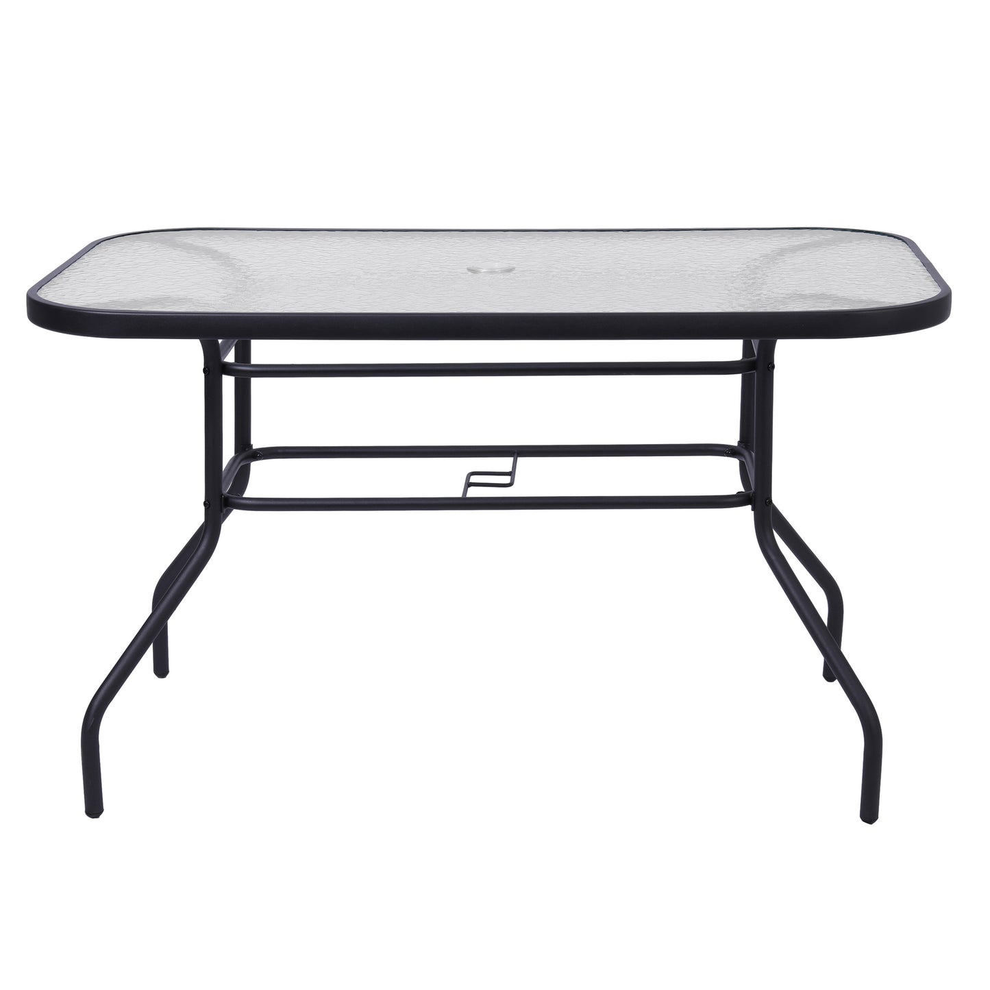 Tory Commercial Grade 27.5" x 47.25" Rectangular Patio Table with Tempered Glass Top with Umbrella Hole and Steel Tube Frame in Black Clear Top/Black Frame