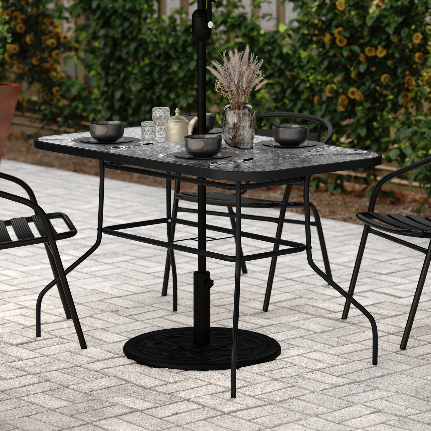Tory Commercial Grade 27.5" x 47.25" Rectangular Patio Table with Tempered Glass Top with Umbrella Hole and Steel Tube Frame in Black Clear Top/Black Frame