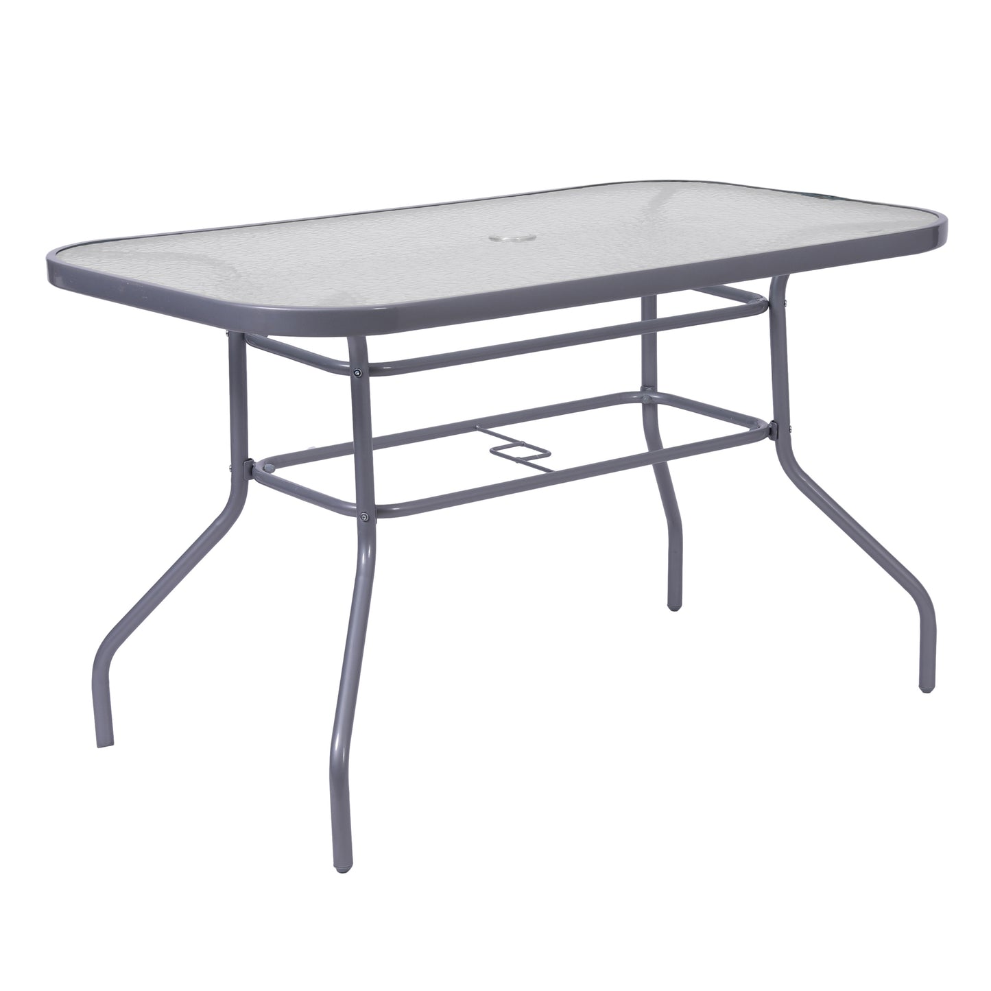 Tory Commercial Grade 27.5" x 47.25" Rectangular Patio Table with Tempered Glass Top with Umbrella Hole and Steel Tube Frame in Silver Clear Top/Silver Frame