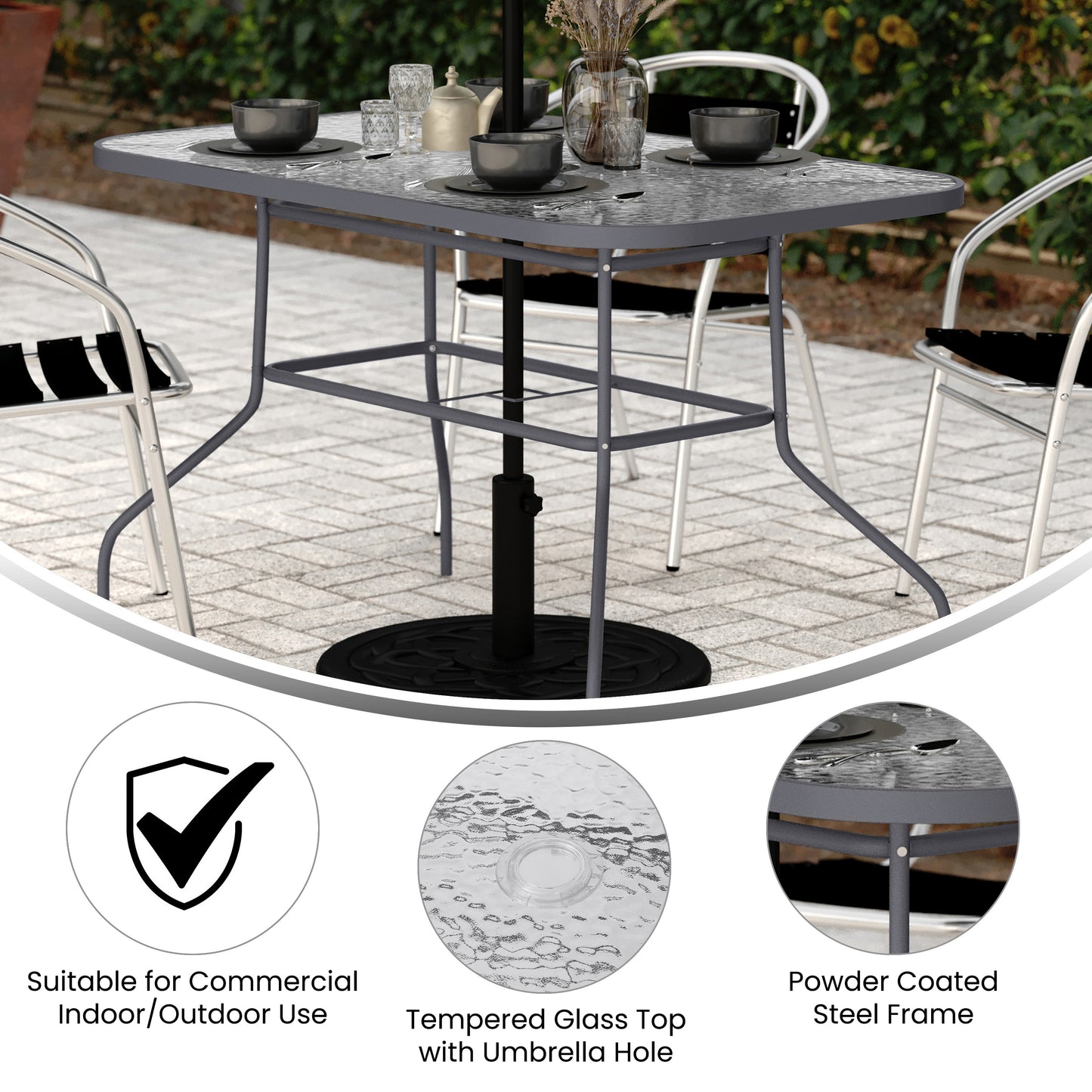 Tory Commercial Grade 27.5" x 47.25" Rectangular Patio Table with Tempered Glass Top with Umbrella Hole and Steel Tube Frame in Silver Clear Top/Silver Frame