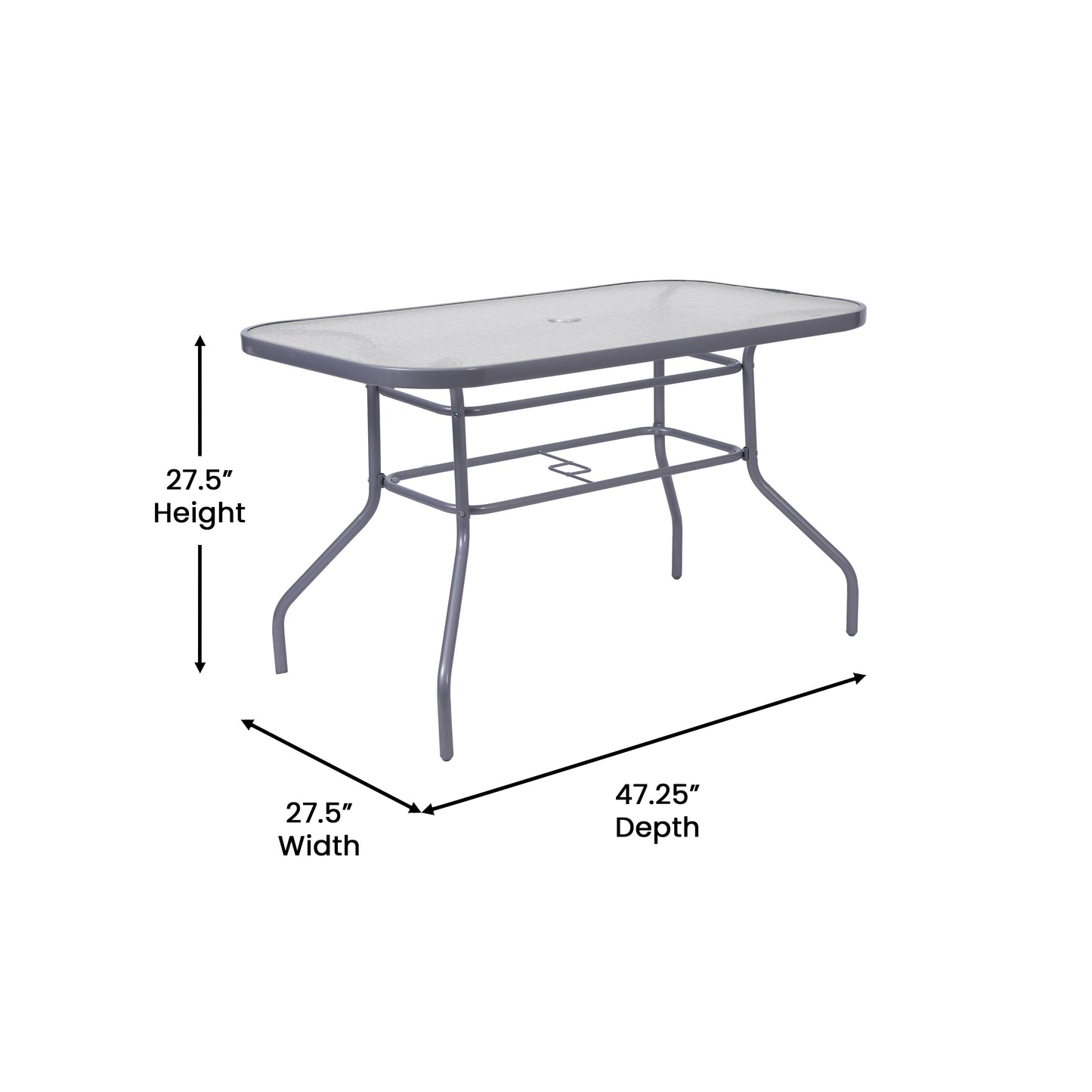 Tory Commercial Grade 27.5" x 47.25" Rectangular Patio Table with Tempered Glass Top with Umbrella Hole and Steel Tube Frame in Silver Clear Top/Silver Frame