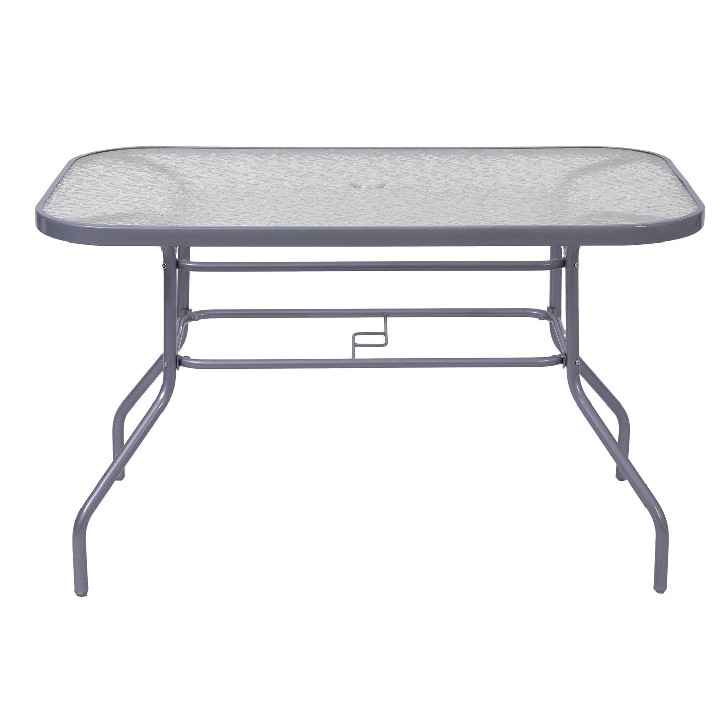 Tory Commercial Grade 27.5" x 47.25" Rectangular Patio Table with Tempered Glass Top with Umbrella Hole and Steel Tube Frame in Silver Clear Top/Silver Frame