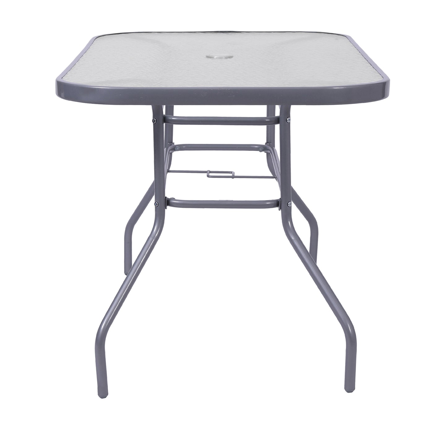 Tory Commercial Grade 27.5" x 47.25" Rectangular Patio Table with Tempered Glass Top with Umbrella Hole and Steel Tube Frame in Silver Clear Top/Silver Frame