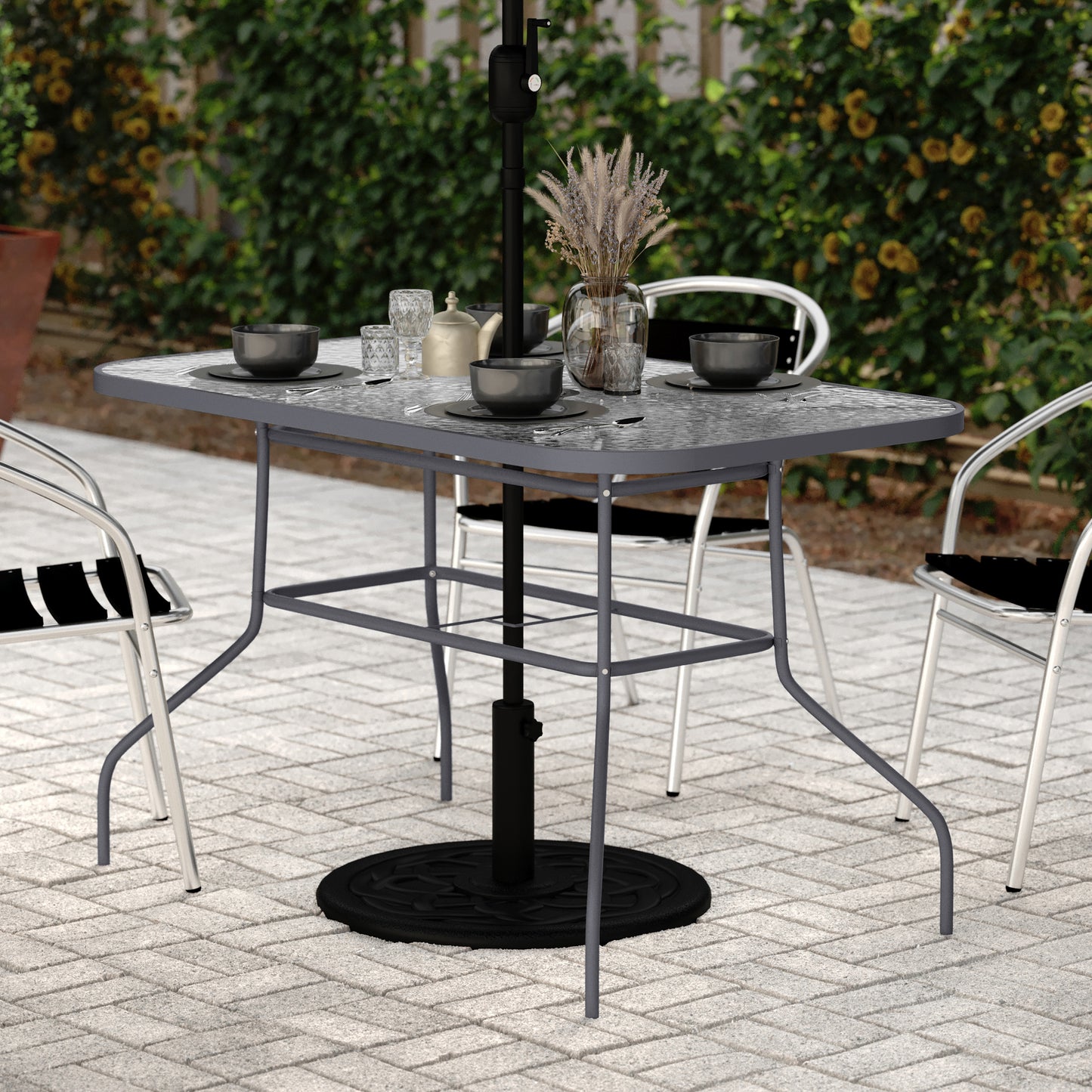 Tory Commercial Grade 27.5" x 47.25" Rectangular Patio Table with Tempered Glass Top with Umbrella Hole and Steel Tube Frame in Silver Clear Top/Silver Frame