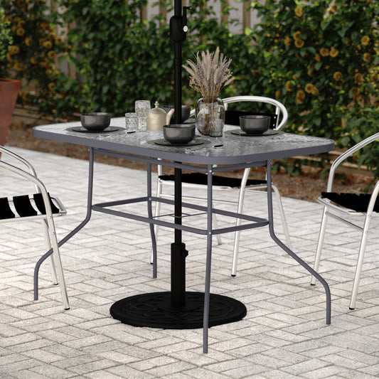 Tory Commercial Grade 27.5" x 47.25" Rectangular Patio Table with Tempered Glass Top with Umbrella Hole and Steel Tube Frame in Silver Clear Top/Silver Frame