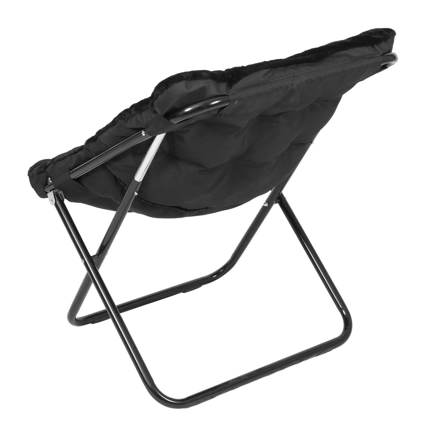 Archer 28" Oversized Portable Faux Fur Folding Saucer Chair for Dorm, Bedroom, Black Faux Fur/Black Frame Black Fabric/Black Frame