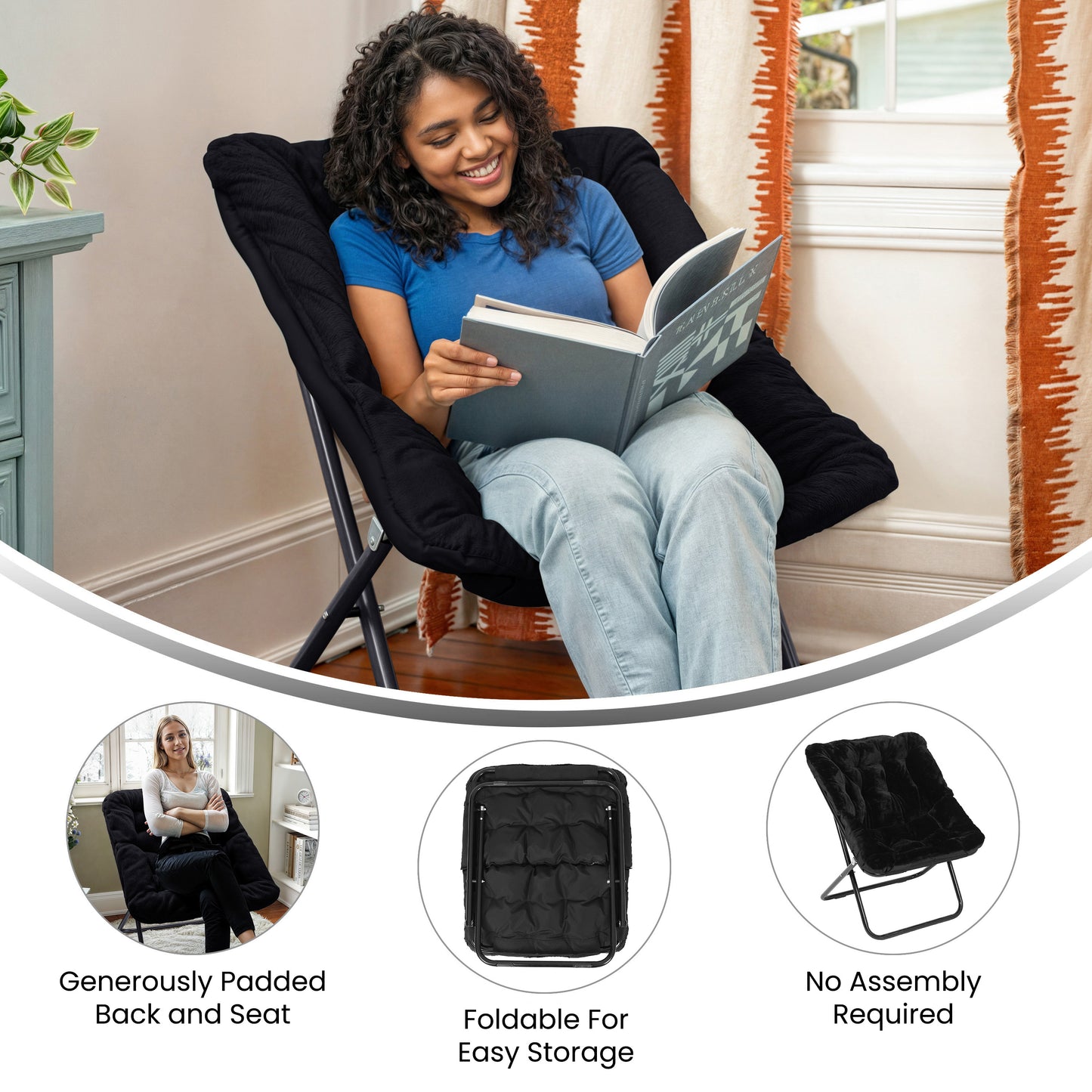 Archer 28" Oversized Portable Faux Fur Folding Saucer Chair for Dorm, Bedroom, Black Faux Fur/Black Frame Black Fabric/Black Frame