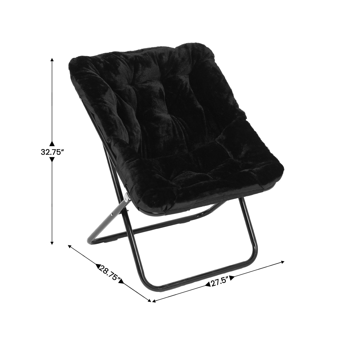 Archer 28" Oversized Portable Faux Fur Folding Saucer Chair for Dorm, Bedroom, Black Faux Fur/Black Frame Black Fabric/Black Frame
