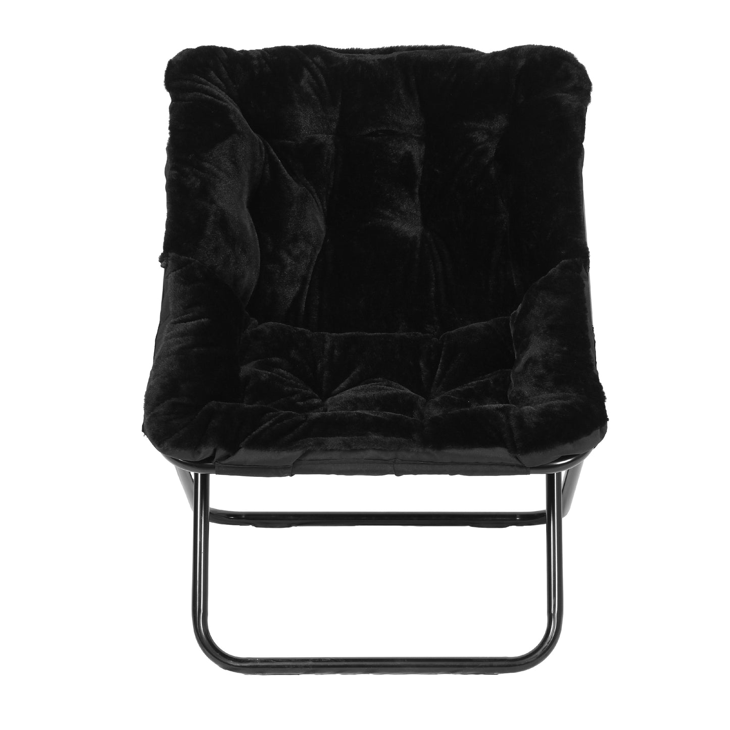 Archer 28" Oversized Portable Faux Fur Folding Saucer Chair for Dorm, Bedroom, Black Faux Fur/Black Frame Black Fabric/Black Frame
