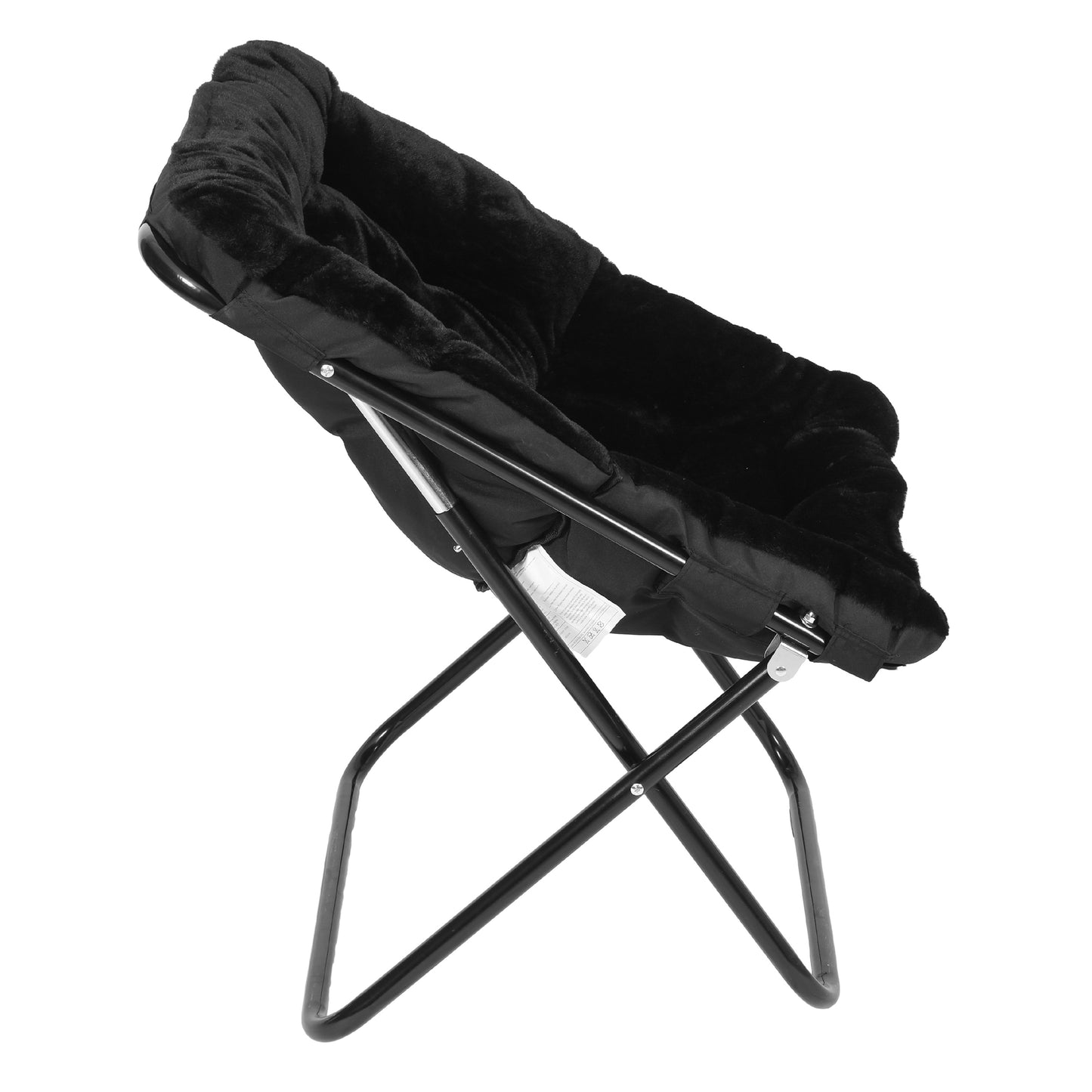 Archer 28" Oversized Portable Faux Fur Folding Saucer Chair for Dorm, Bedroom, Black Faux Fur/Black Frame Black Fabric/Black Frame