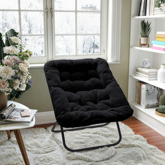Archer 28" Oversized Portable Faux Fur Folding Saucer Chair for Dorm, Bedroom, Black Faux Fur/Black Frame Black Fabric/Black Frame FV-FSC-027-BK-BK-GG