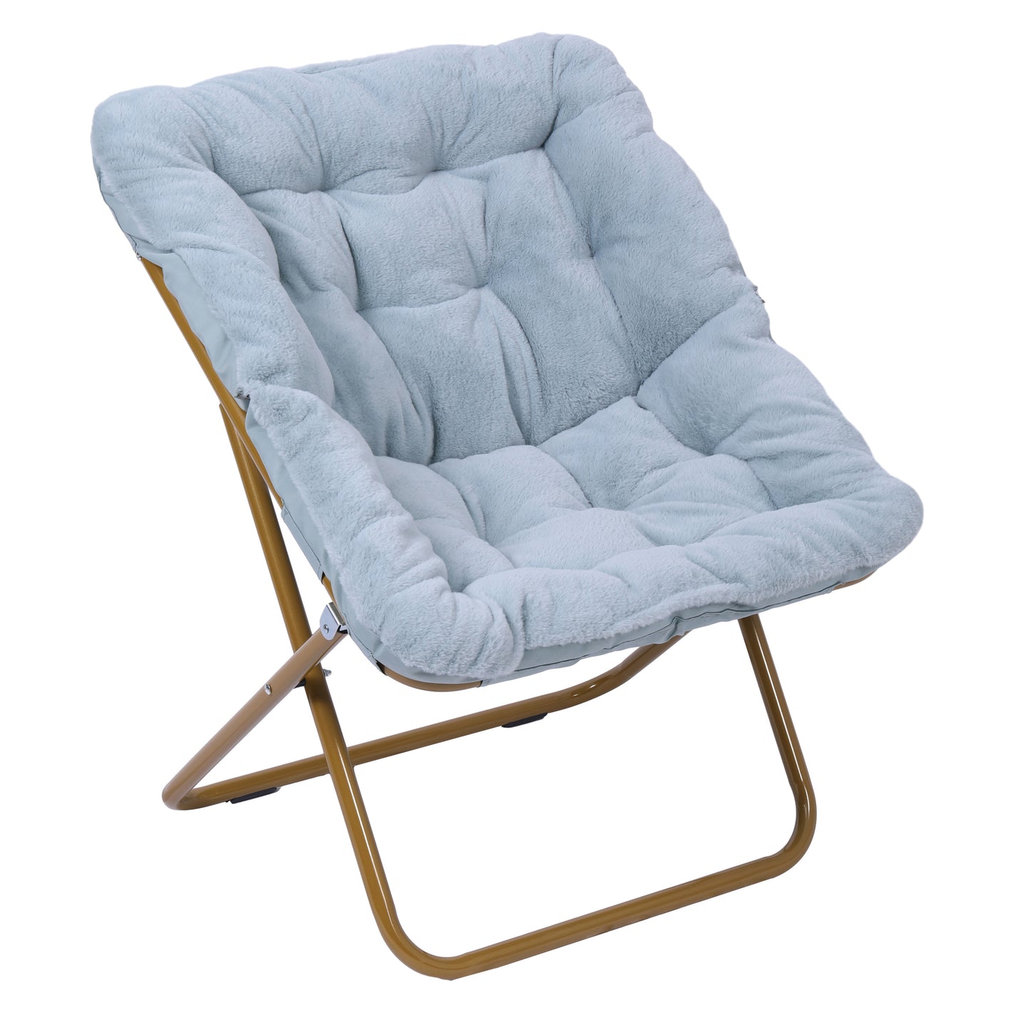 Archer 28" Oversized Portable Faux Fur Folding Saucer Chair for Dorm, Bedroom, Dusty Aqua Faux Fur/Soft Gold Frame Aqua Fabric/Soft Gold Frame