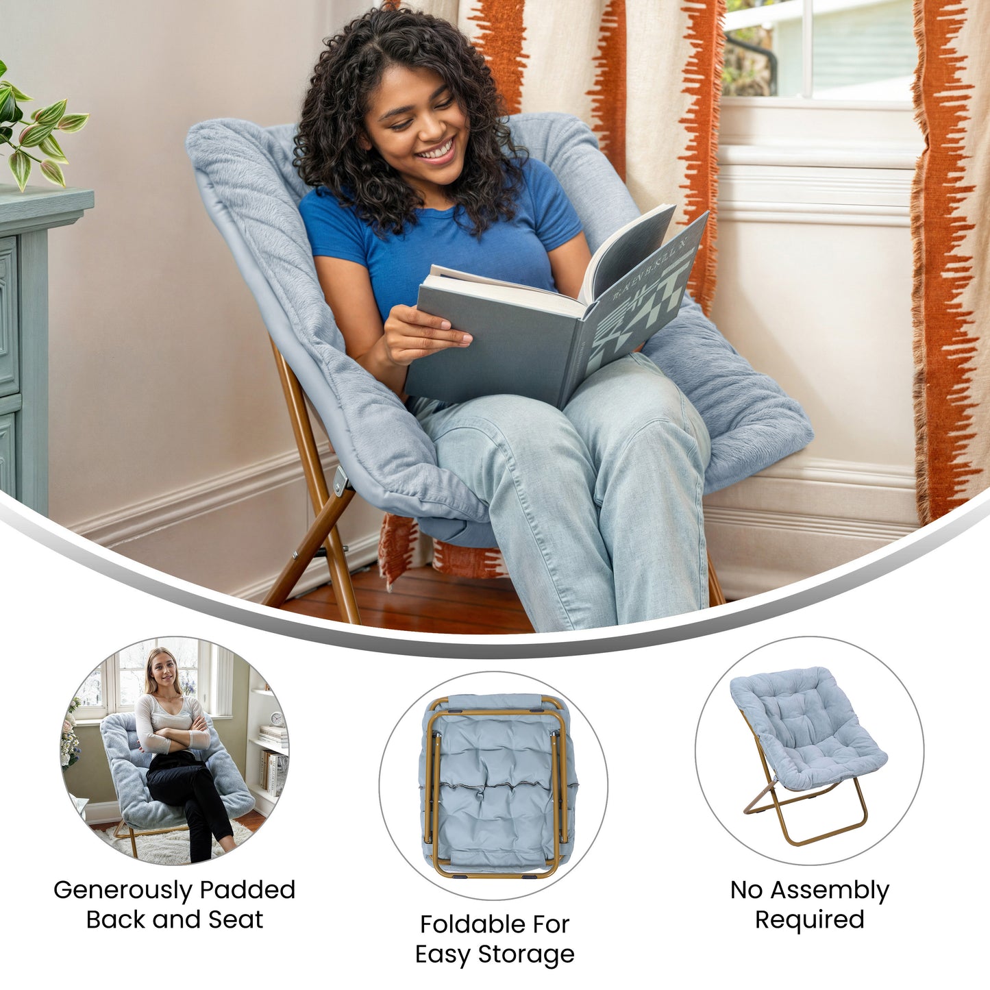 Archer 28" Oversized Portable Faux Fur Folding Saucer Chair for Dorm, Bedroom, Dusty Aqua Faux Fur/Soft Gold Frame Aqua Fabric/Soft Gold Frame