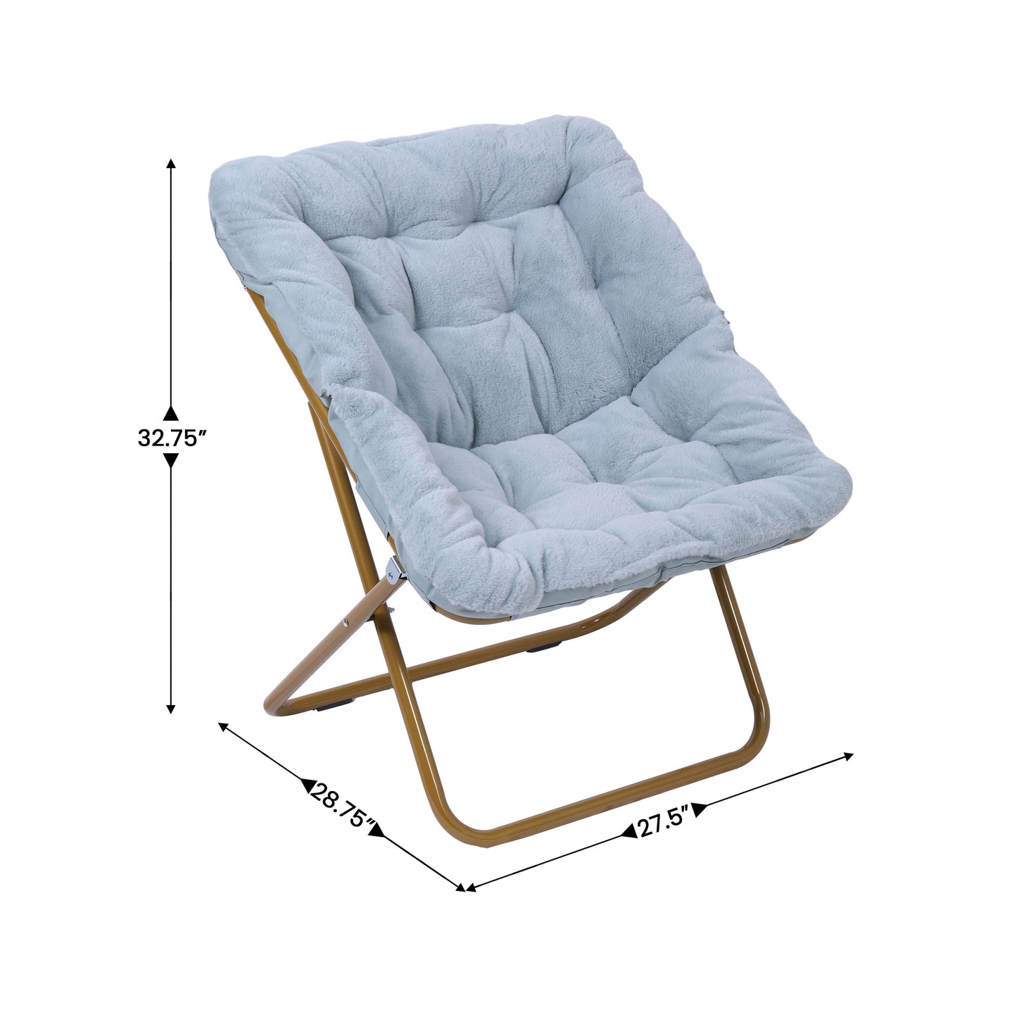 Archer 28" Oversized Portable Faux Fur Folding Saucer Chair for Dorm, Bedroom, Dusty Aqua Faux Fur/Soft Gold Frame Aqua Fabric/Soft Gold Frame