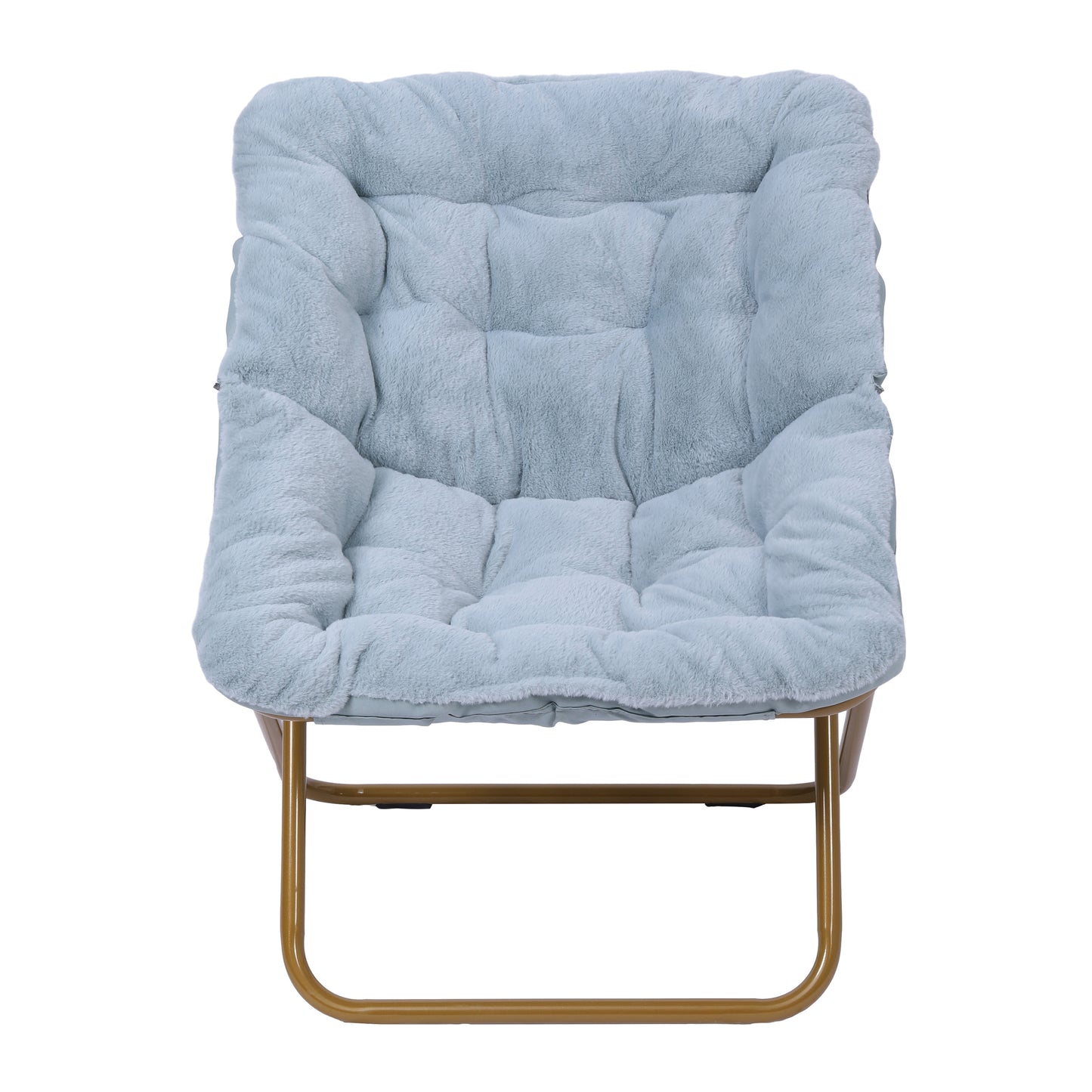Archer 28" Oversized Portable Faux Fur Folding Saucer Chair for Dorm, Bedroom, Dusty Aqua Faux Fur/Soft Gold Frame Aqua Fabric/Soft Gold Frame