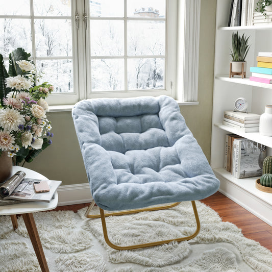 Archer 28" Oversized Portable Faux Fur Folding Saucer Chair for Dorm, Bedroom, Dusty Aqua Faux Fur/Soft Gold Frame Aqua Fabric/Soft Gold Frame FV-FSC-027-DTAQ-SGD-GG