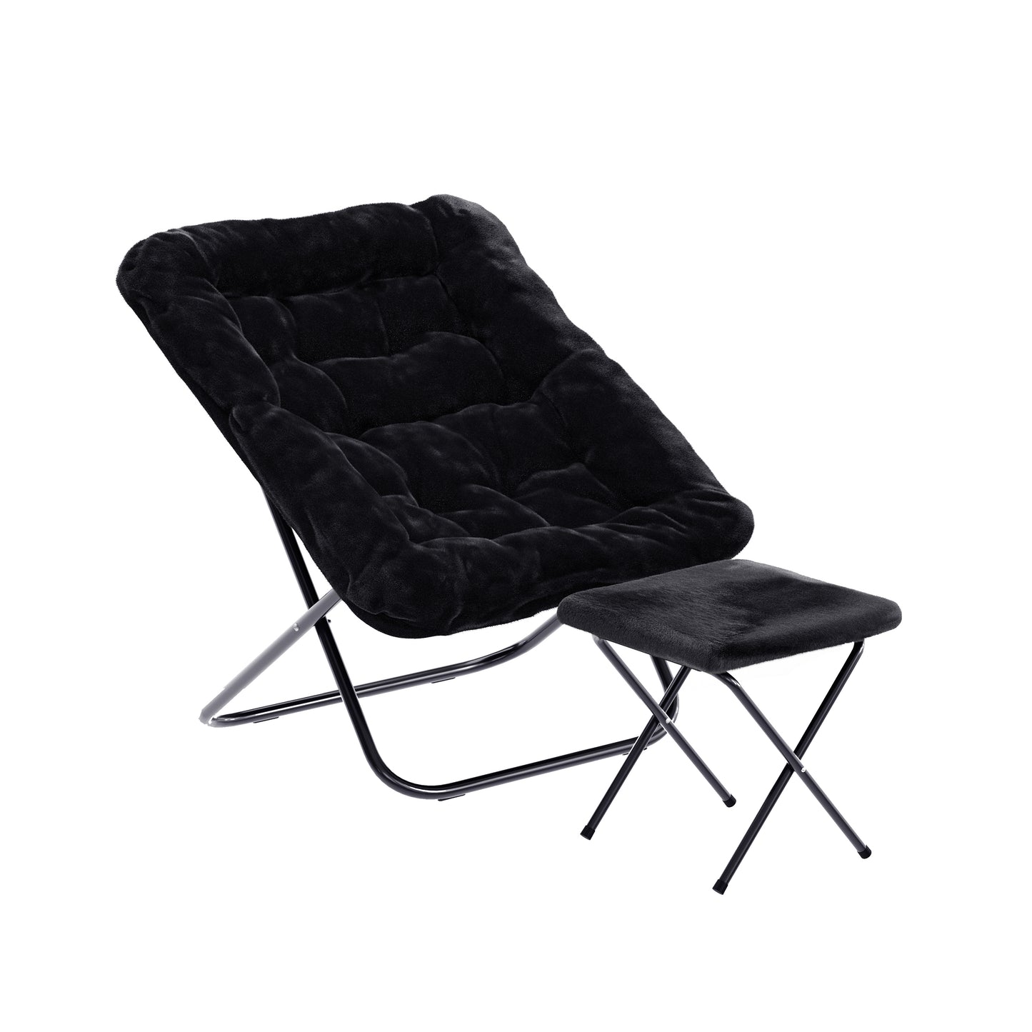 Archer 28" Oversized Portable Faux Fur Folding Saucer Chair with Folding Ottoman for Dorm, Bedroom, Black Faux Fur/Black Frame Black Fabric/Black Frame
