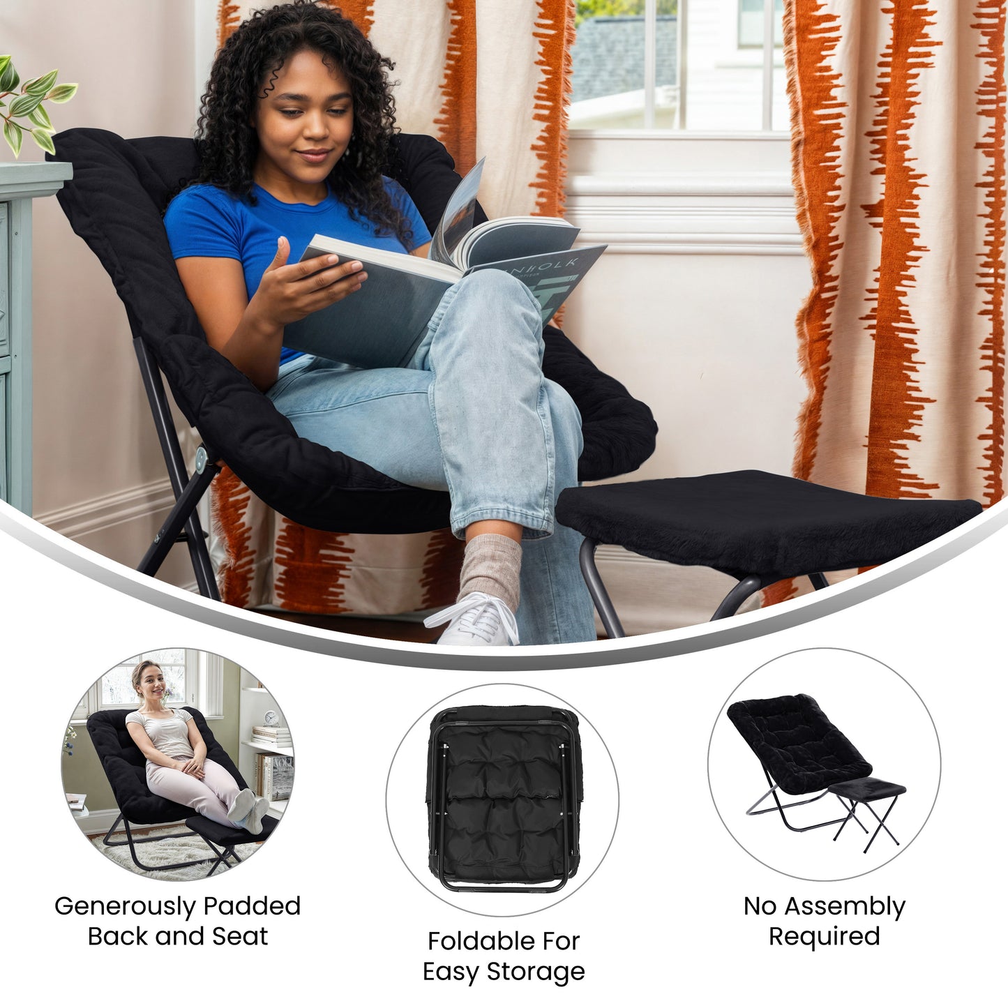Archer 28" Oversized Portable Faux Fur Folding Saucer Chair with Folding Ottoman for Dorm, Bedroom, Black Faux Fur/Black Frame Black Fabric/Black Frame