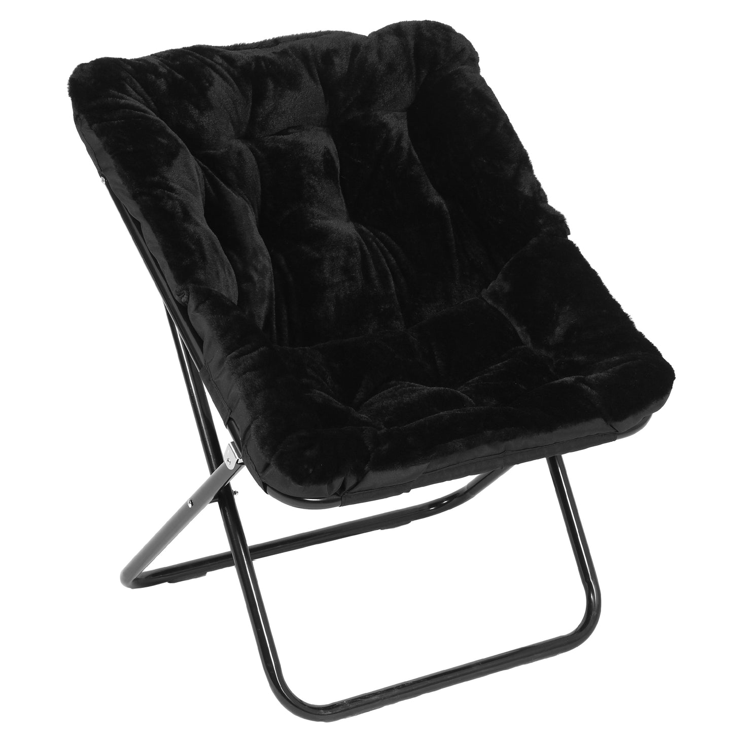 Archer 28" Oversized Portable Faux Fur Folding Saucer Chair with Folding Ottoman for Dorm, Bedroom, Black Faux Fur/Black Frame Black Fabric/Black Frame