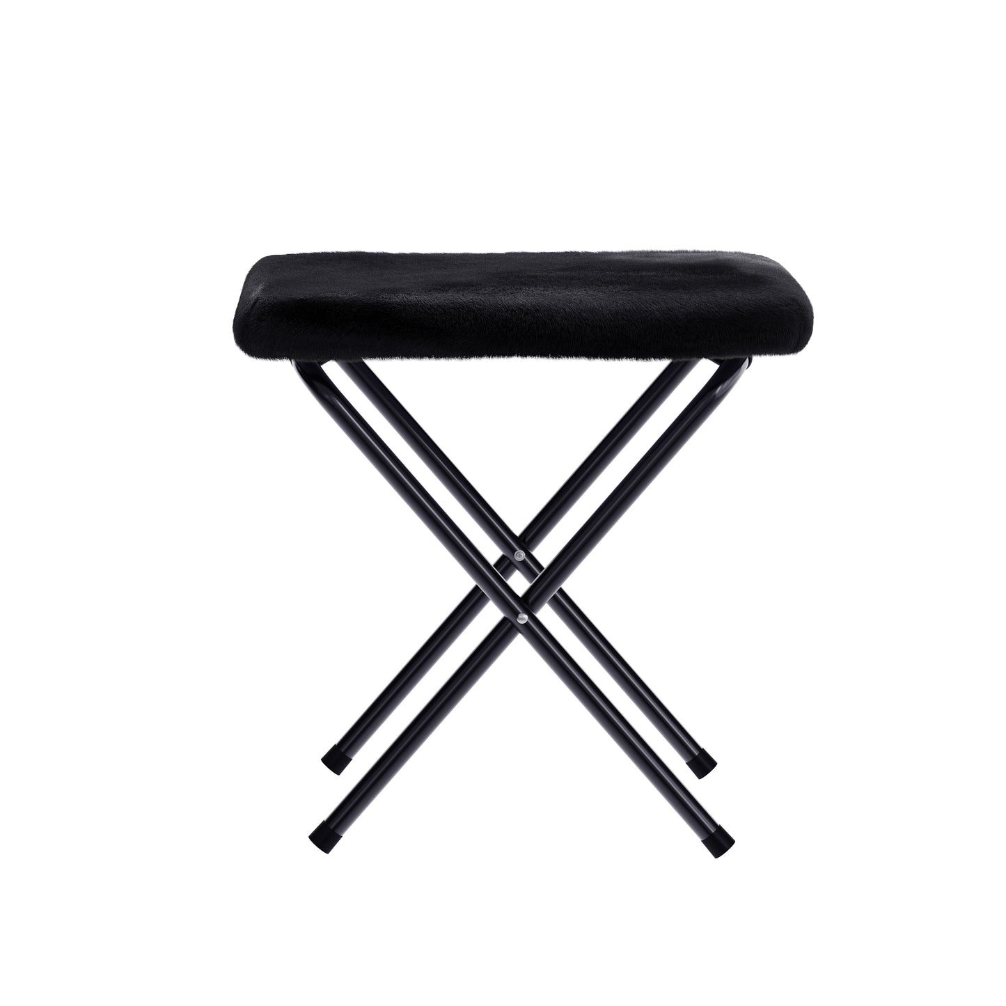 Archer 28" Oversized Portable Faux Fur Folding Saucer Chair with Folding Ottoman for Dorm, Bedroom, Black Faux Fur/Black Frame Black Fabric/Black Frame