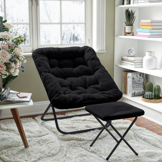 Archer 28" Oversized Portable Faux Fur Folding Saucer Chair with Folding Ottoman for Dorm, Bedroom, Black Faux Fur/Black Frame Black Fabric/Black Frame FV-FSC-027-FR-BK-BK-GG
