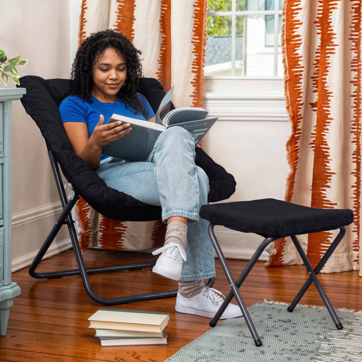 Archer 28" Oversized Portable Faux Fur Folding Saucer Chair with Folding Ottoman for Dorm, Bedroom, Black Faux Fur/Black Frame Black Fabric/Black Frame
