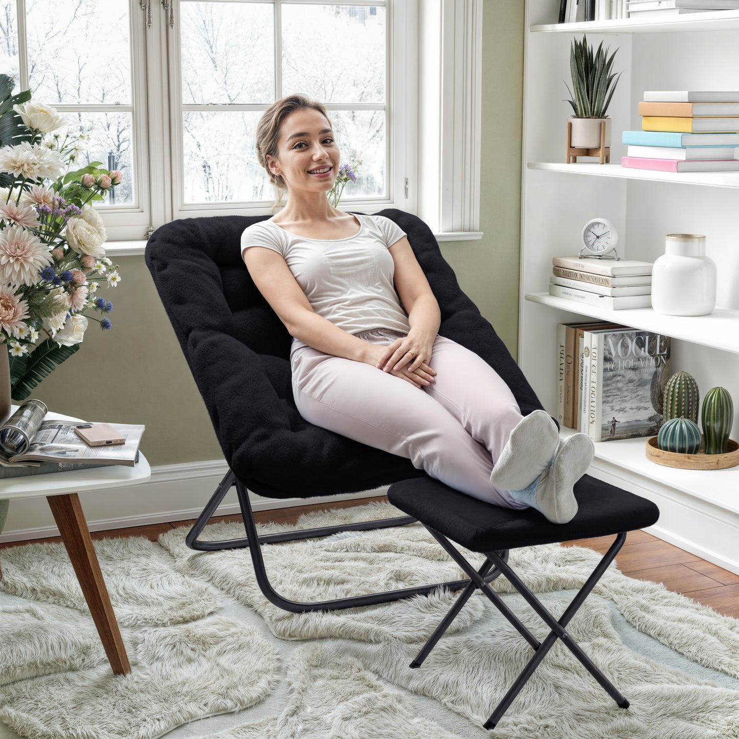 Archer 28" Oversized Portable Faux Fur Folding Saucer Chair with Folding Ottoman for Dorm, Bedroom, Black Faux Fur/Black Frame Black Fabric/Black Frame