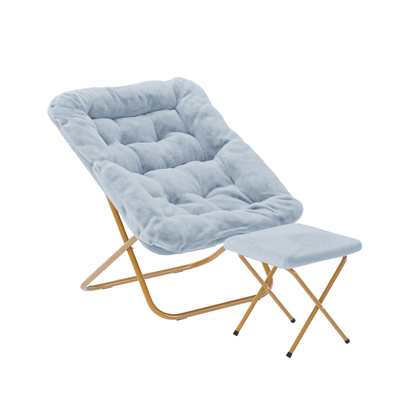 Archer 28" Oversized Portable Faux Fur Folding Saucer Chair with Folding Ottoman for Dorm, Bedroom, Dusty Aqua Faux Fur/Soft Gold Frame Aqua Fabric/Soft Gold Frame