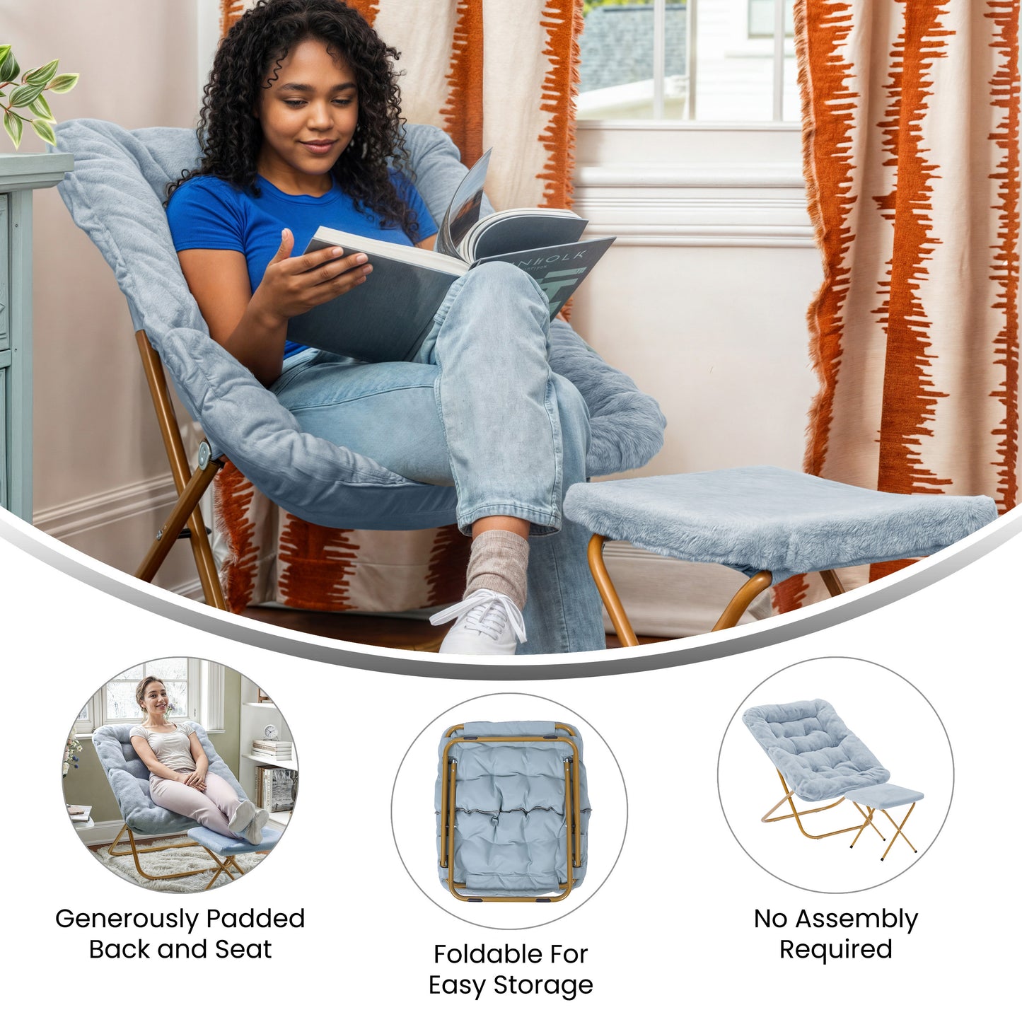 Archer 28" Oversized Portable Faux Fur Folding Saucer Chair with Folding Ottoman for Dorm, Bedroom, Dusty Aqua Faux Fur/Soft Gold Frame Aqua Fabric/Soft Gold Frame