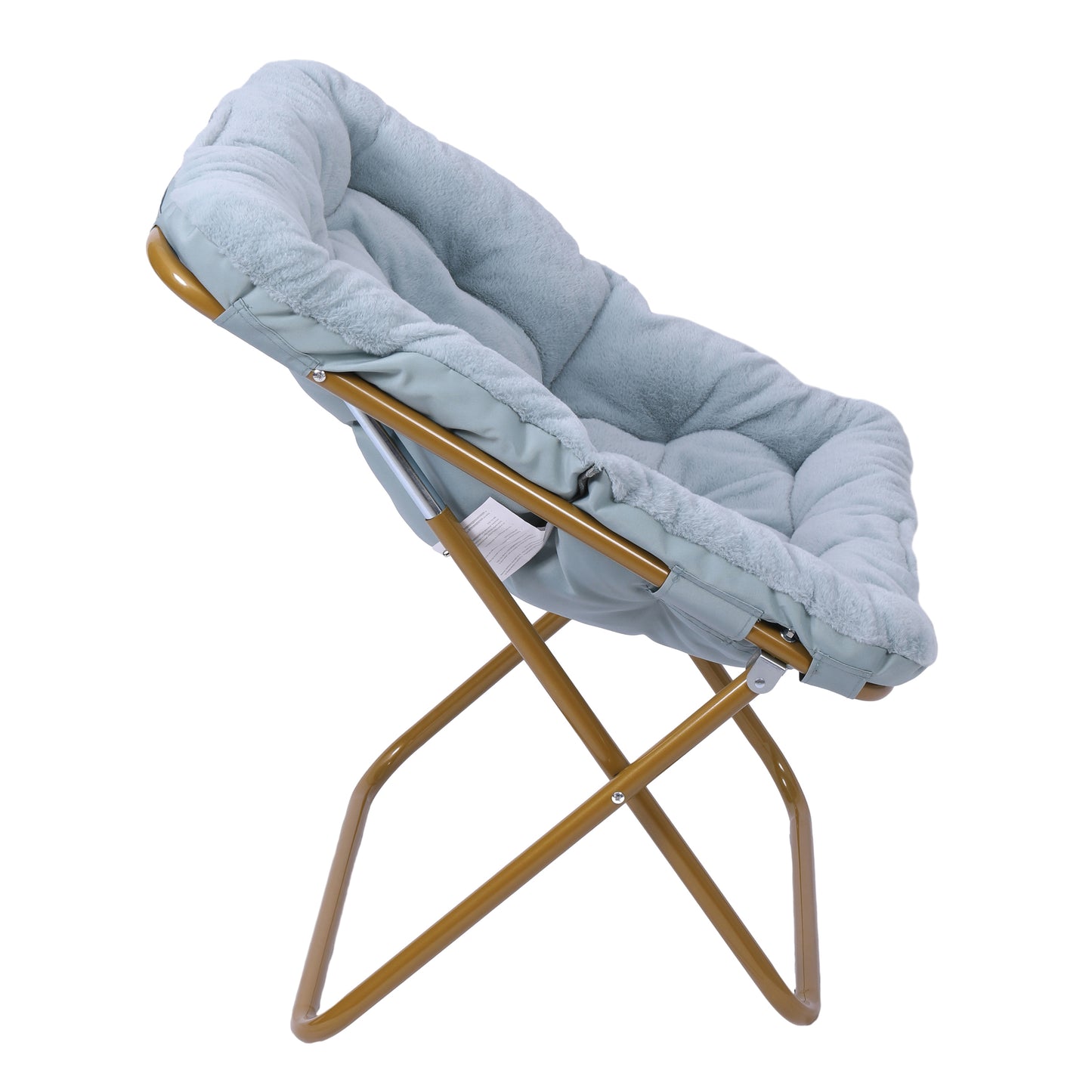 Archer 28" Oversized Portable Faux Fur Folding Saucer Chair with Folding Ottoman for Dorm, Bedroom, Dusty Aqua Faux Fur/Soft Gold Frame Aqua Fabric/Soft Gold Frame