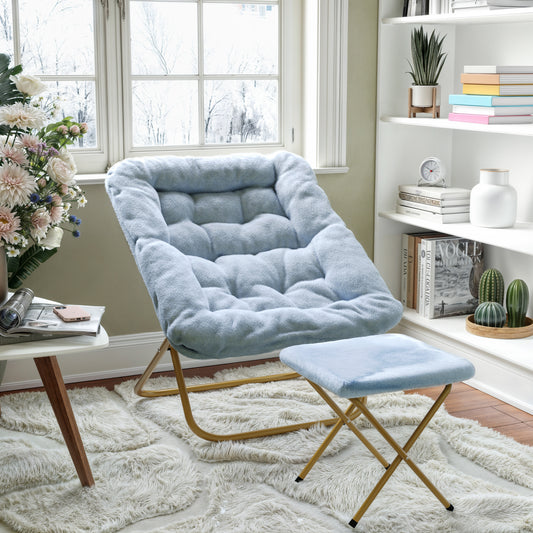 Archer 28" Oversized Portable Faux Fur Folding Saucer Chair with Folding Ottoman for Dorm, Bedroom, Dusty Aqua Faux Fur/Soft Gold Frame Aqua Fabric/Soft Gold Frame FV-FSC-027-FR-DTAQ-SGD-GG