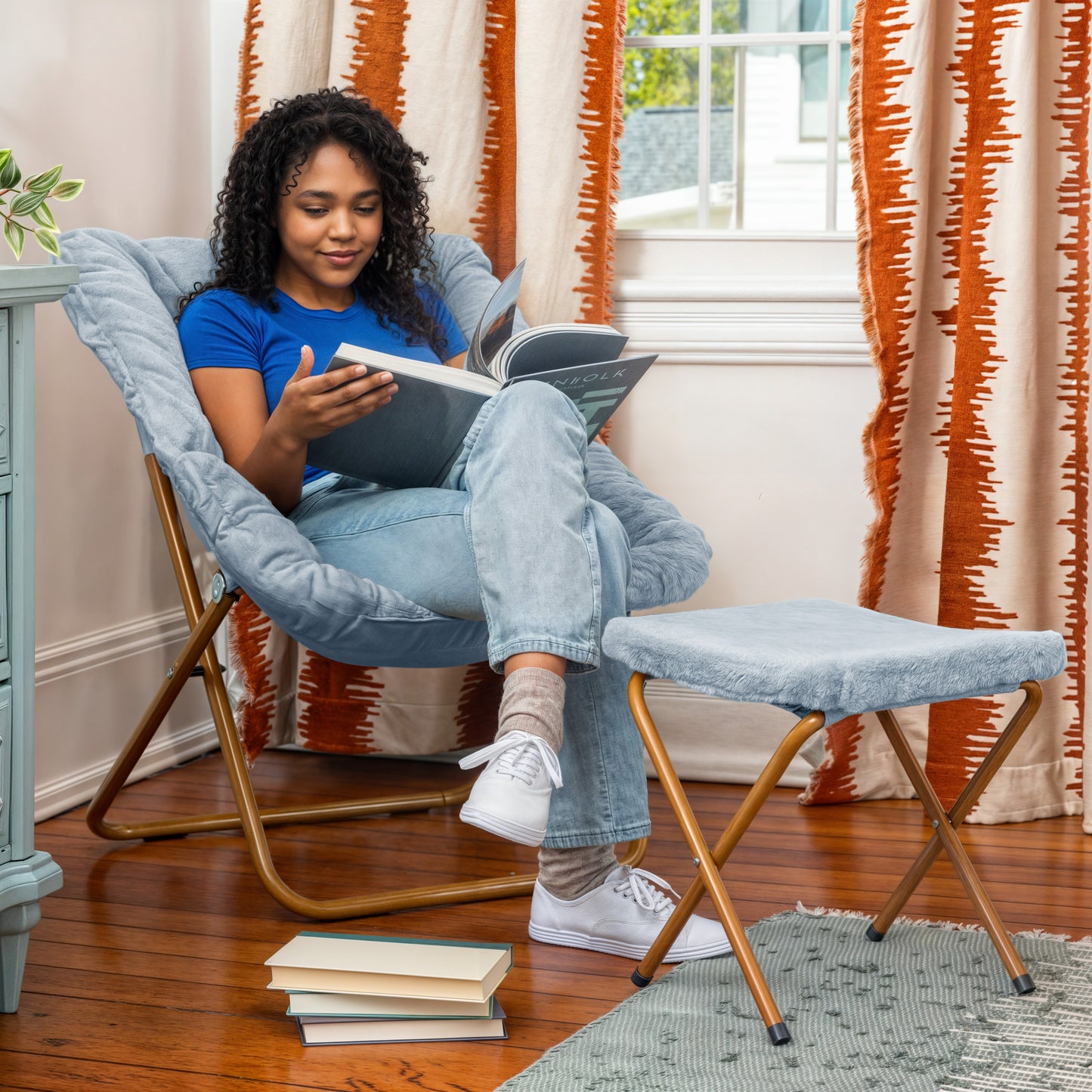 Archer 28" Oversized Portable Faux Fur Folding Saucer Chair with Folding Ottoman for Dorm, Bedroom, Dusty Aqua Faux Fur/Soft Gold Frame Aqua Fabric/Soft Gold Frame