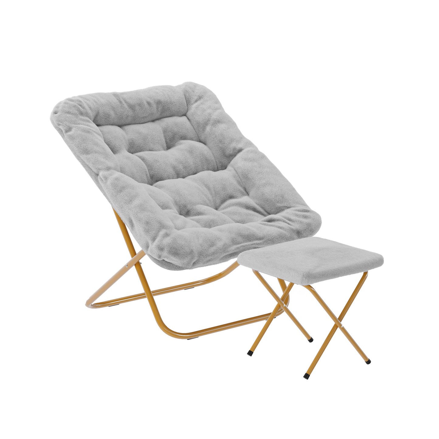 Archer 28" Oversized Portable Faux Fur Folding Saucer Chair with folding Ottoman for Dorm, Bedroom, Gray Faux Fur/Soft Gold Frame Gray Fabric/Soft Gold Frame