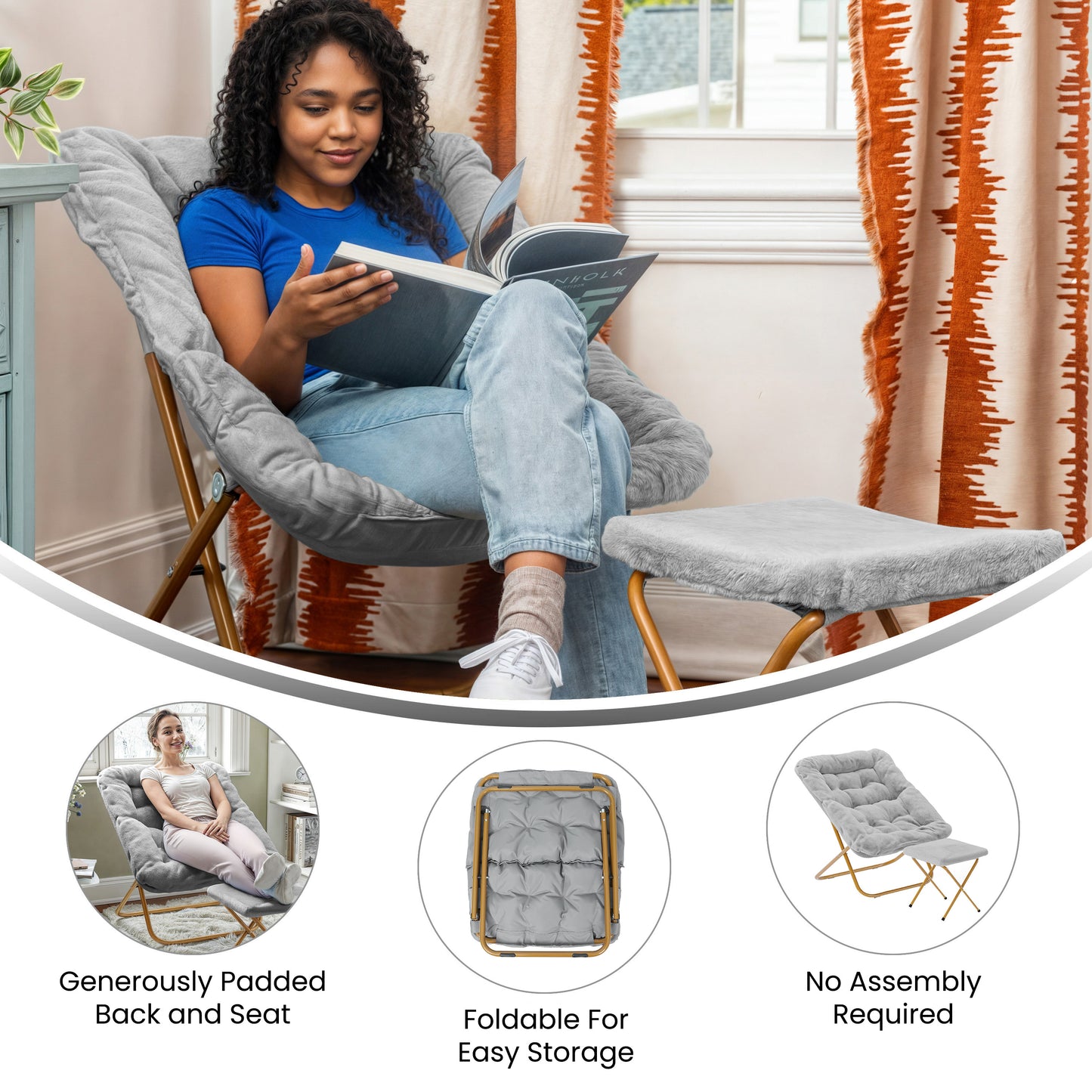 Archer 28" Oversized Portable Faux Fur Folding Saucer Chair with folding Ottoman for Dorm, Bedroom, Gray Faux Fur/Soft Gold Frame Gray Fabric/Soft Gold Frame