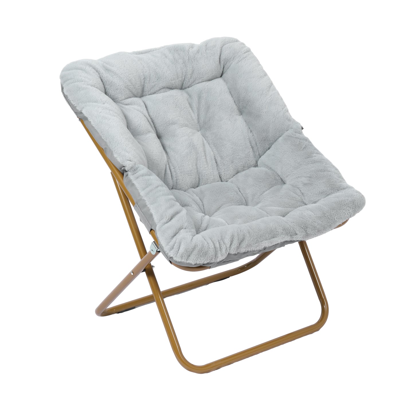 Archer 28" Oversized Portable Faux Fur Folding Saucer Chair with folding Ottoman for Dorm, Bedroom, Gray Faux Fur/Soft Gold Frame Gray Fabric/Soft Gold Frame