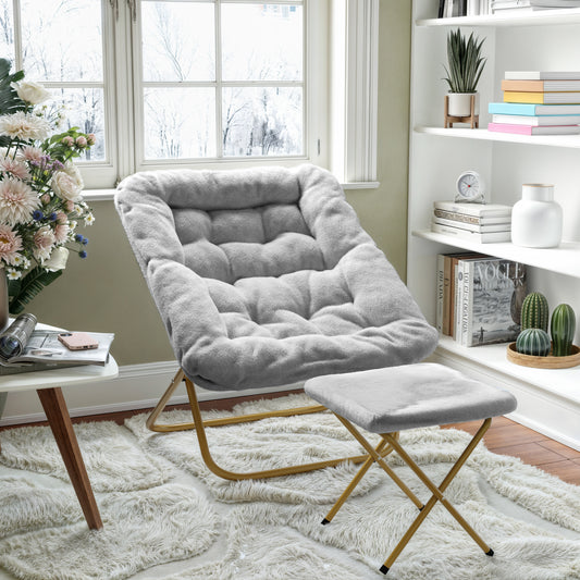 Archer 28" Oversized Portable Faux Fur Folding Saucer Chair with folding Ottoman for Dorm, Bedroom, Gray Faux Fur/Soft Gold Frame Gray Fabric/Soft Gold Frame FV-FSC-027-FR-GY-SGD-GG