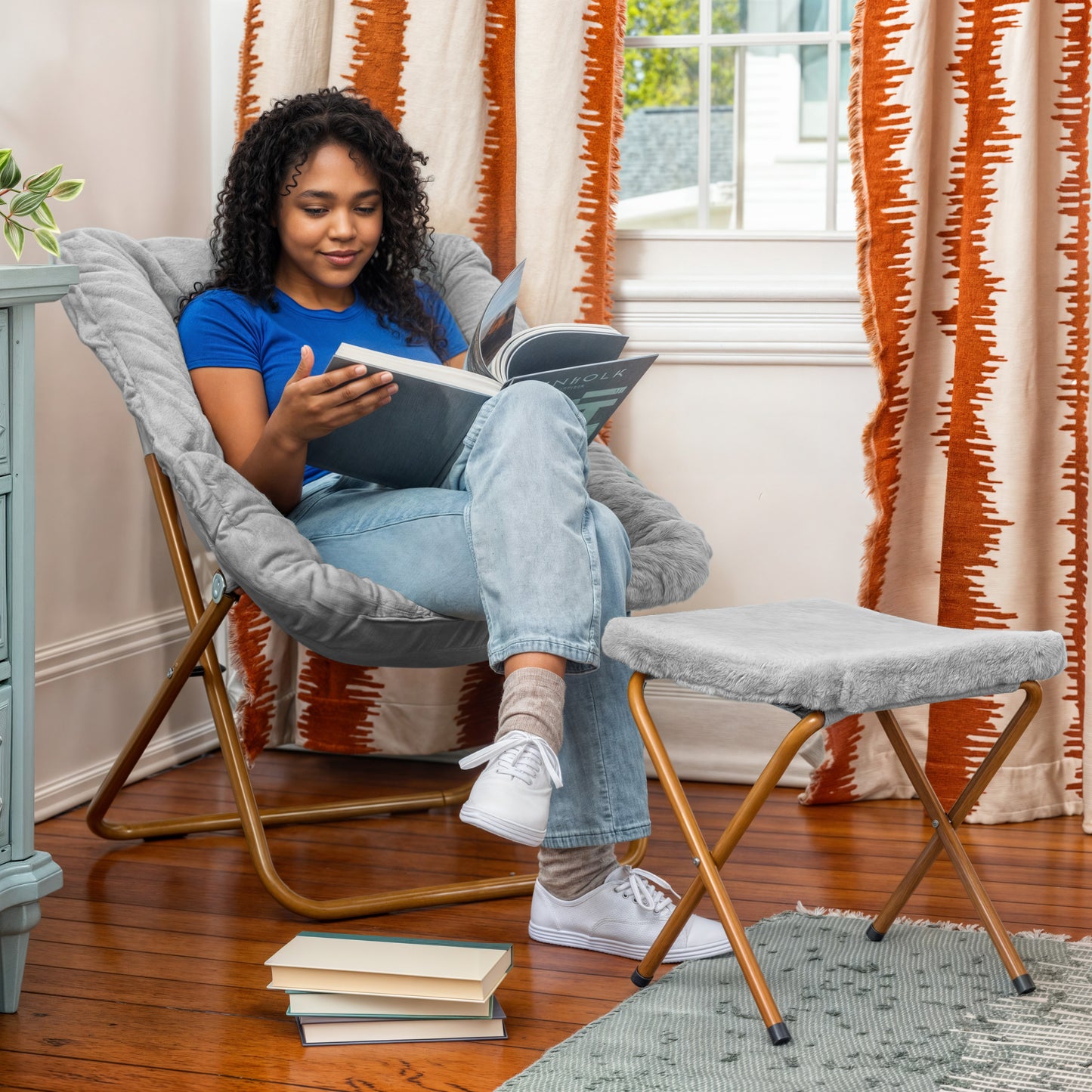 Archer 28" Oversized Portable Faux Fur Folding Saucer Chair with folding Ottoman for Dorm, Bedroom, Gray Faux Fur/Soft Gold Frame Gray Fabric/Soft Gold Frame
