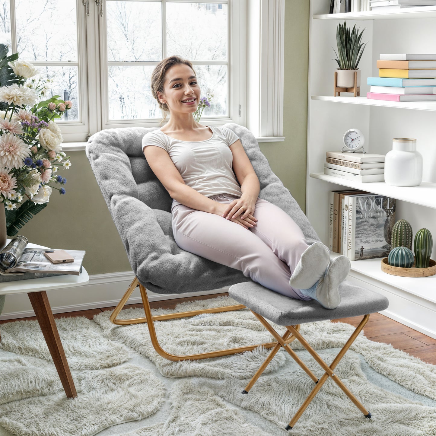 Archer 28" Oversized Portable Faux Fur Folding Saucer Chair with folding Ottoman for Dorm, Bedroom, Gray Faux Fur/Soft Gold Frame Gray Fabric/Soft Gold Frame
