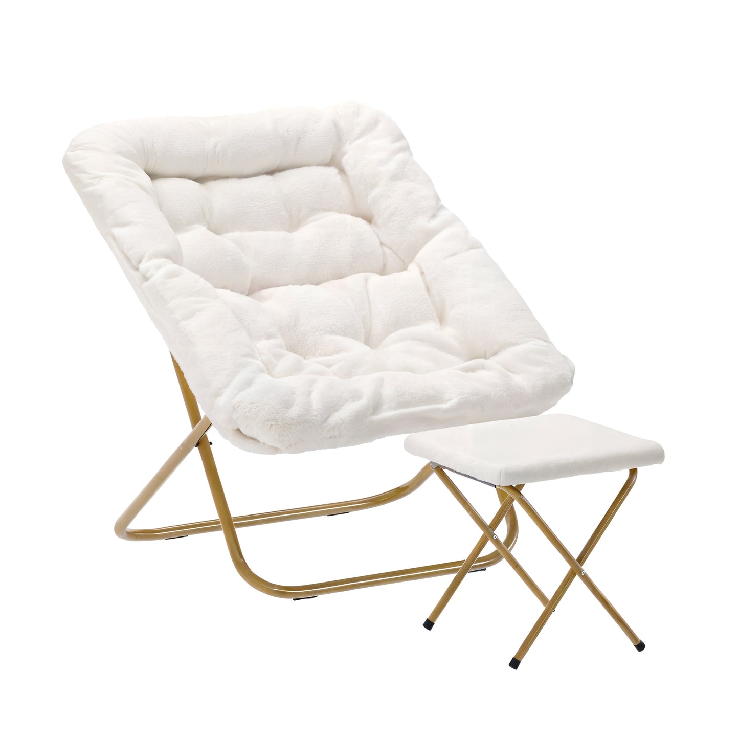 Archer 28" Oversized Portable Faux Shearling Folding Saucer Chair with Folding Ottoman for Dorm, Bedroom, Ivory Faux Shearling/Soft Gold Frame Ivory Faux Shearling Fabric/Soft Gold Frame