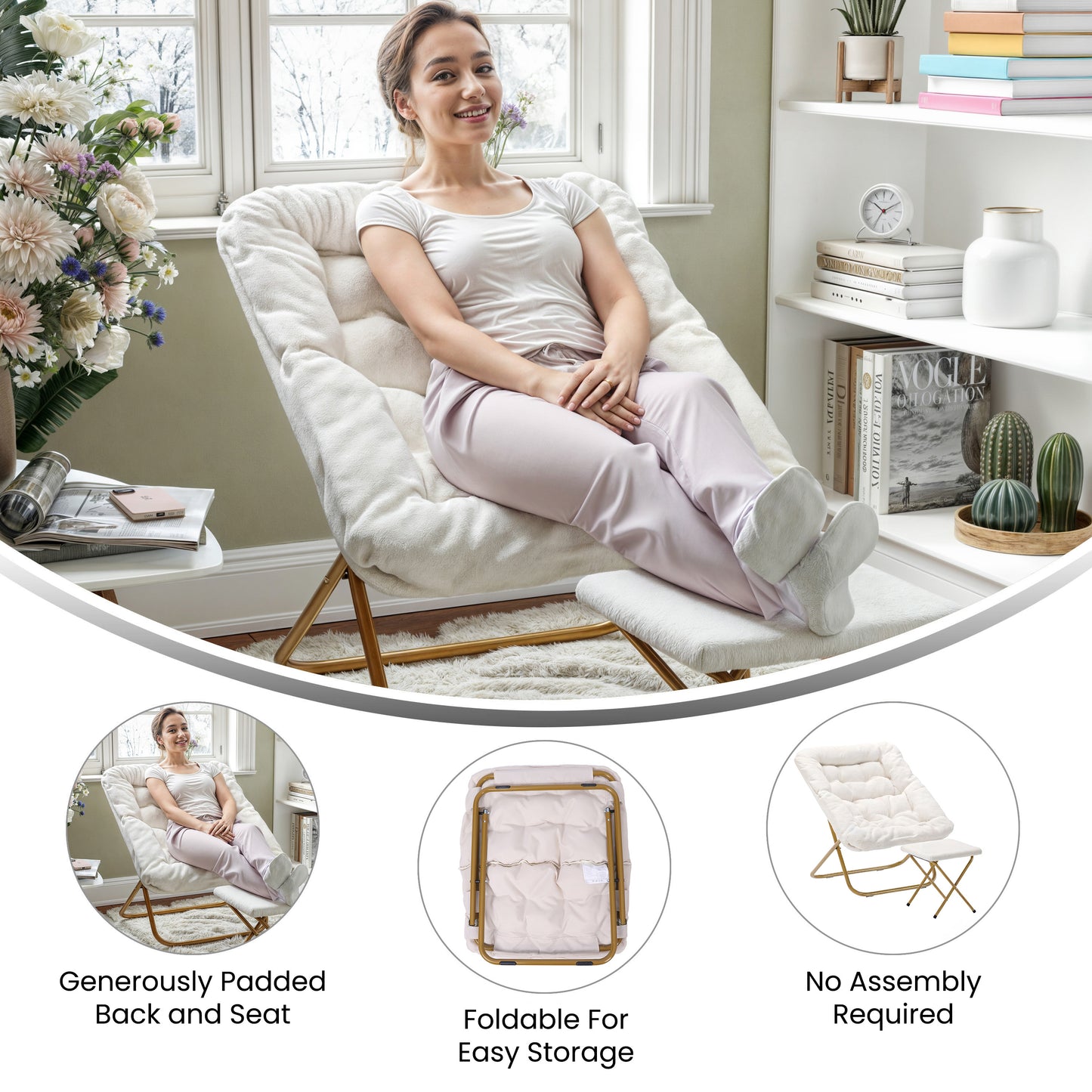 Archer 28" Oversized Portable Faux Shearling Folding Saucer Chair with Folding Ottoman for Dorm, Bedroom, Ivory Faux Shearling/Soft Gold Frame Ivory Faux Shearling Fabric/Soft Gold Frame