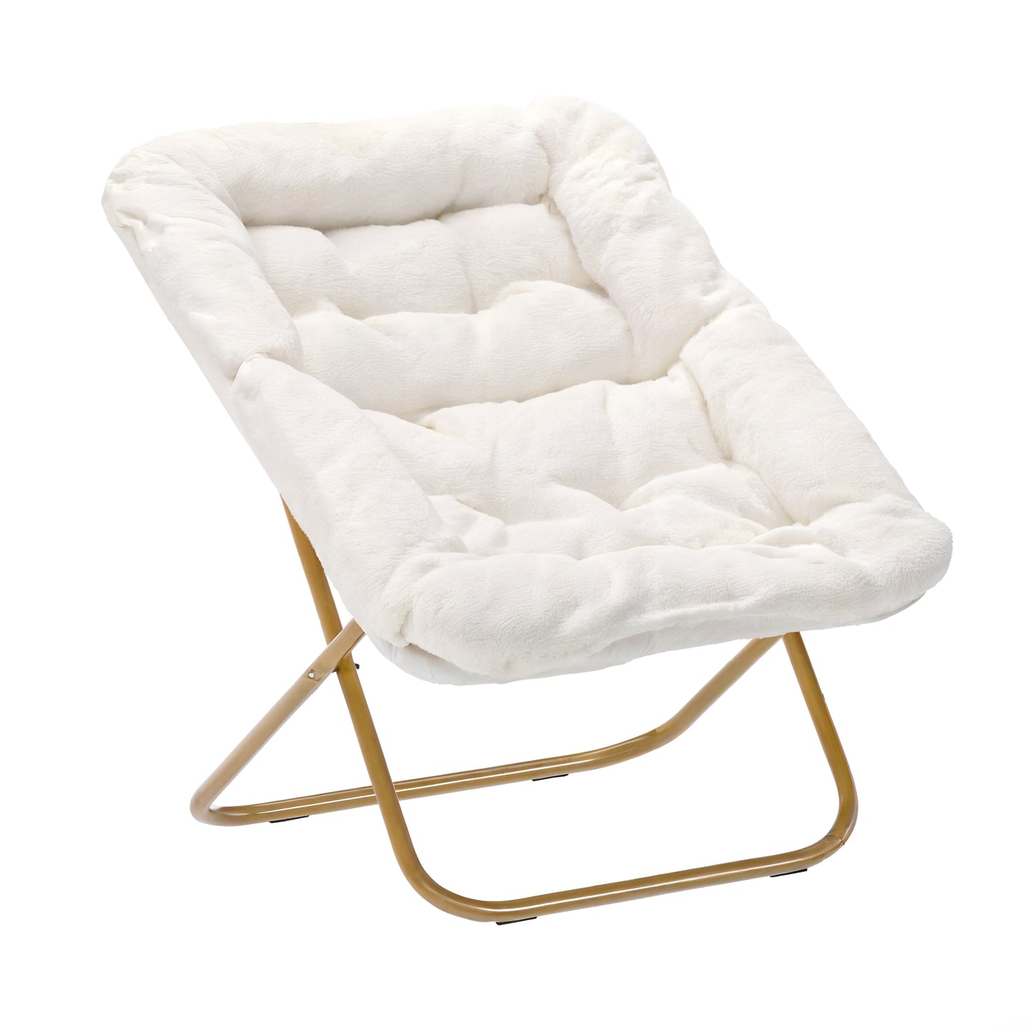 Archer 28" Oversized Portable Faux Shearling Folding Saucer Chair with Folding Ottoman for Dorm, Bedroom, Ivory Faux Shearling/Soft Gold Frame Ivory Faux Shearling Fabric/Soft Gold Frame