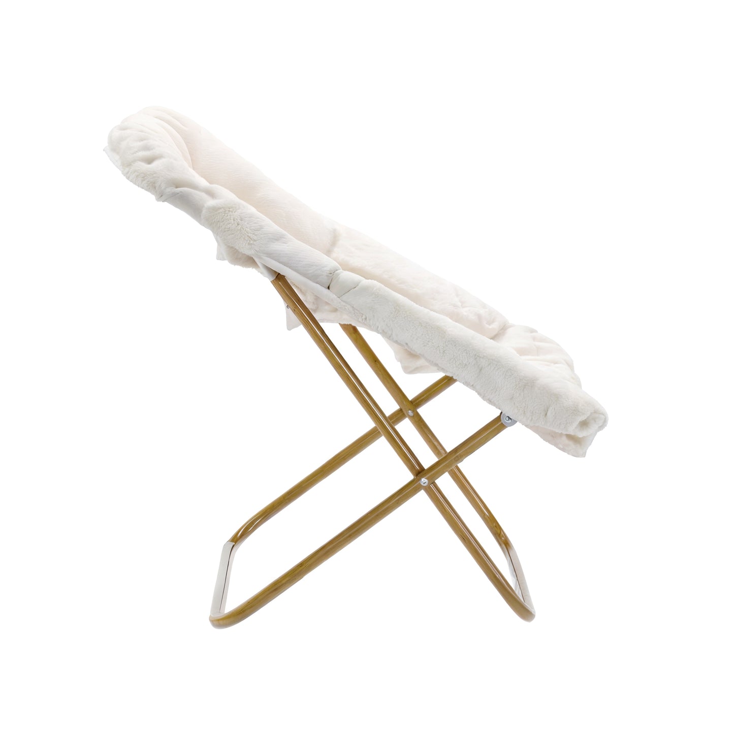 Archer 28" Oversized Portable Faux Shearling Folding Saucer Chair with Folding Ottoman for Dorm, Bedroom, Ivory Faux Shearling/Soft Gold Frame Ivory Faux Shearling Fabric/Soft Gold Frame