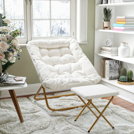 Archer 28" Oversized Portable Faux Shearling Folding Saucer Chair with Folding Ottoman for Dorm, Bedroom, Ivory Faux Shearling/Soft Gold Frame Ivory Faux Shearling Fabric/Soft Gold Frame FV-FSC-027-FR-IV-SGD-GG