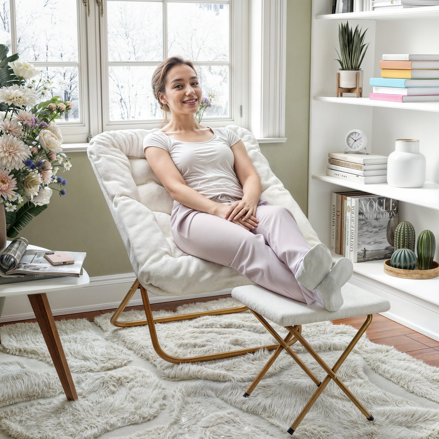 Archer 28" Oversized Portable Faux Shearling Folding Saucer Chair with Folding Ottoman for Dorm, Bedroom, Ivory Faux Shearling/Soft Gold Frame Ivory Faux Shearling Fabric/Soft Gold Frame