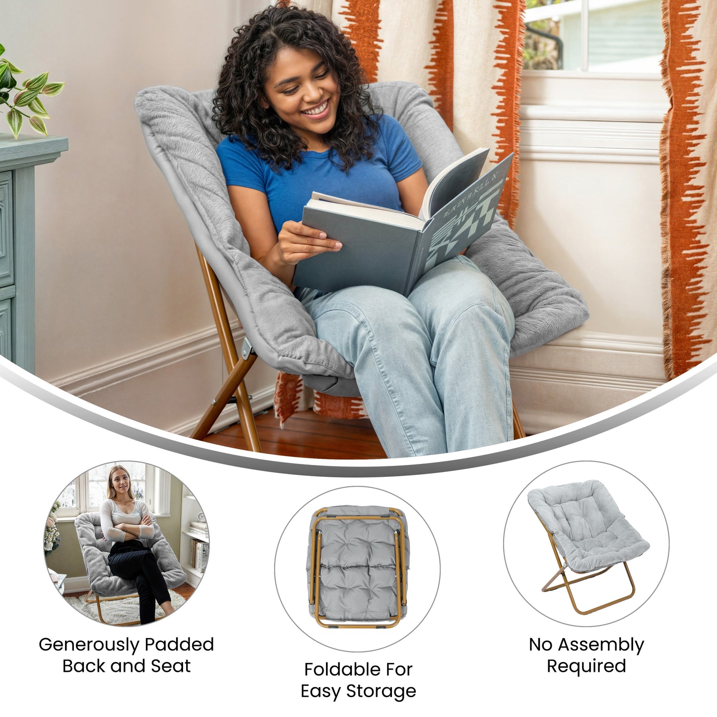 Archer 28" Oversized Portable Faux Fur Folding Saucer Chair for Dorm, Bedroom, Gray Faux Fur/Soft Gold Frame Gray Fabric/Soft Gold Frame