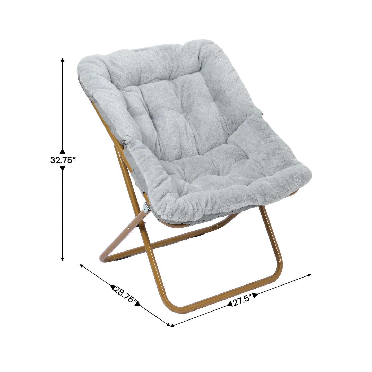 Archer 28" Oversized Portable Faux Fur Folding Saucer Chair for Dorm, Bedroom, Gray Faux Fur/Soft Gold Frame Gray Fabric/Soft Gold Frame
