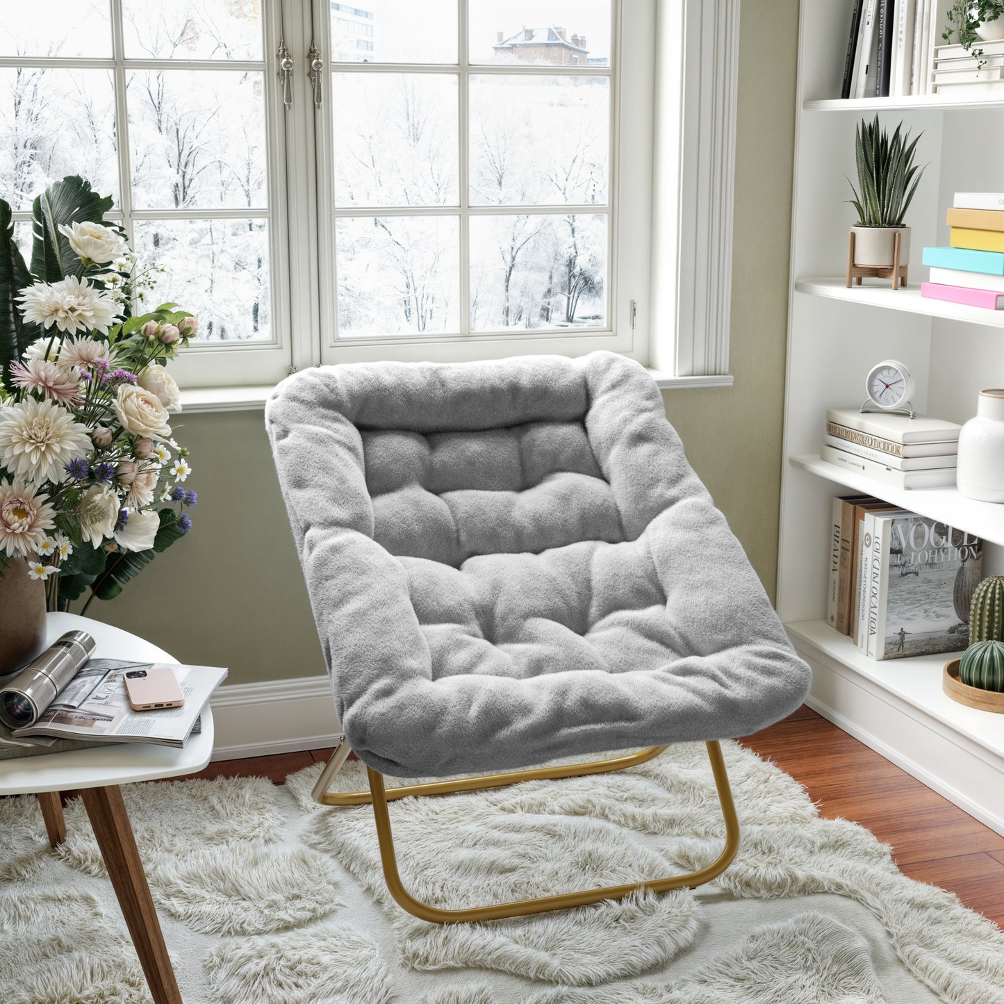 Archer 28" Oversized Portable Faux Fur Folding Saucer Chair for Dorm, Bedroom, Gray Faux Fur/Soft Gold Frame Gray Fabric/Soft Gold Frame