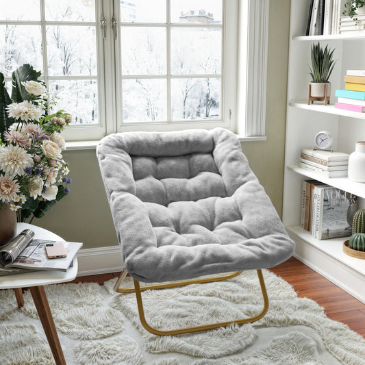Archer 28" Oversized Portable Faux Fur Folding Saucer Chair for Dorm, Bedroom, Gray Faux Fur/Soft Gold Frame Gray Fabric/Soft Gold Frame FV-FSC-027-GY-SGD-GG